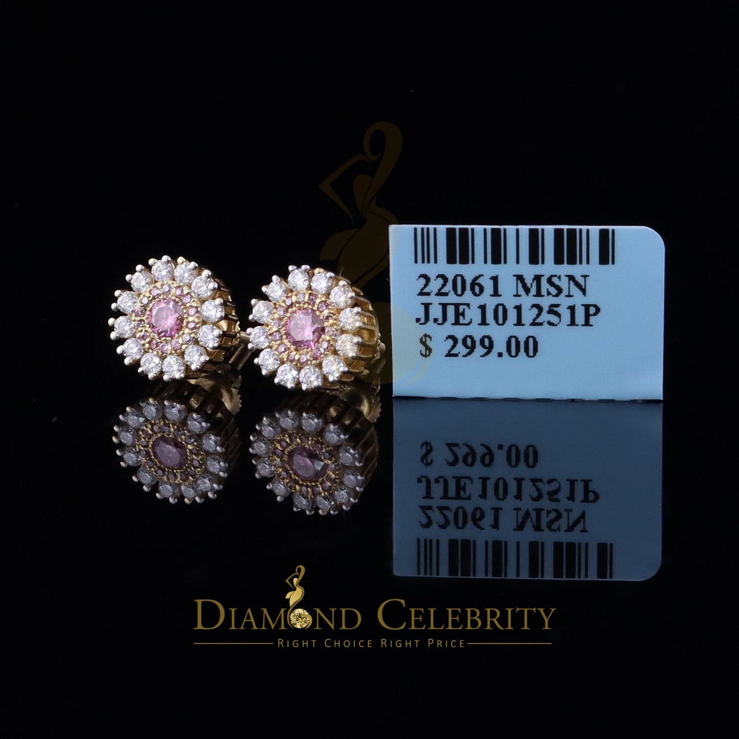 DiamondCelebritees 925 Silver Yellow 1.00ct VVS D Pink Moissanite Round Men's/Women's Stud Earrings