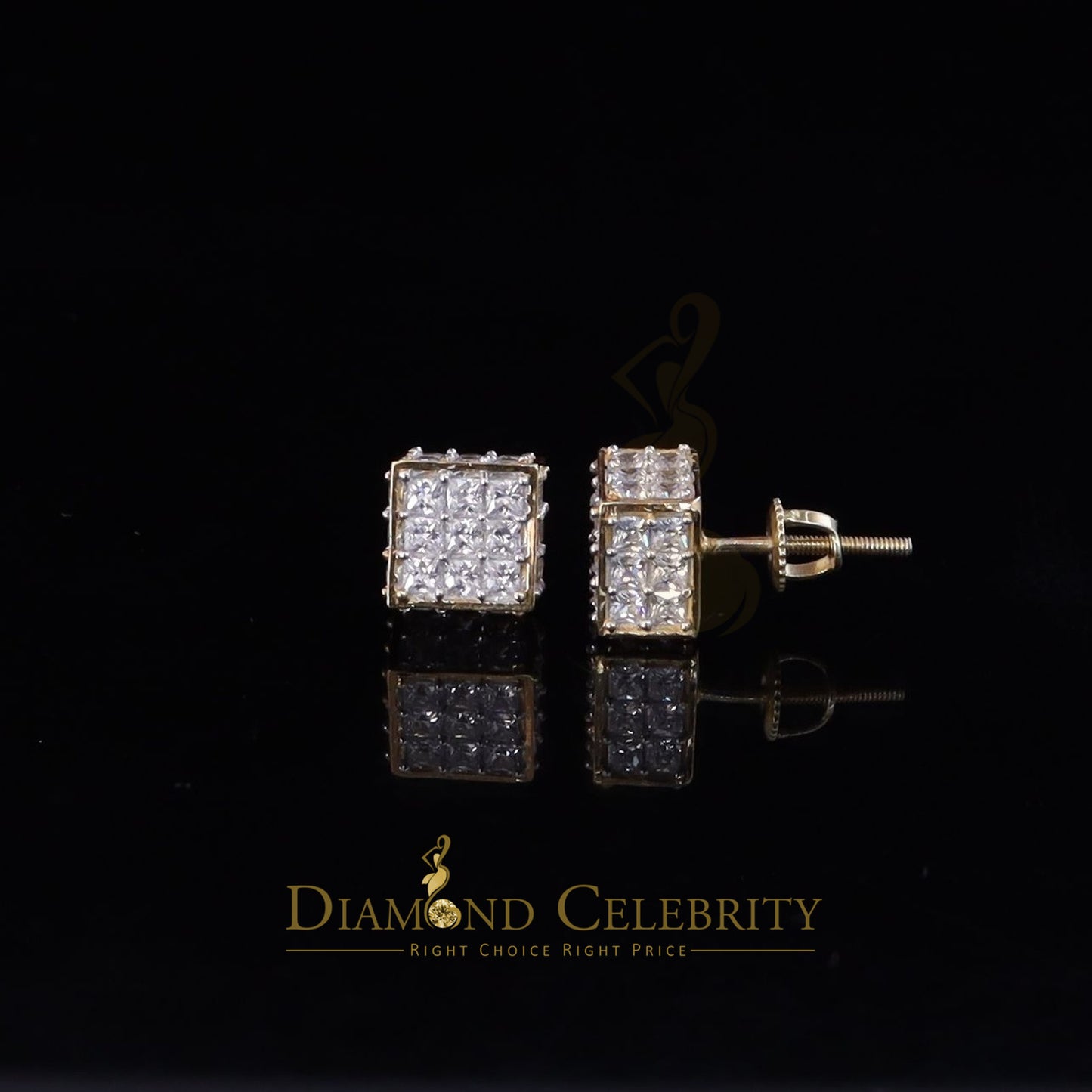 DiamondCelebritees 925 Yellow Silver Screw Back Cubic Zirconia 5.94ct Women & Men Square Earrings