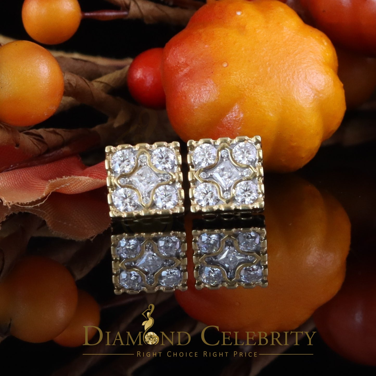 DiamondCelebritees Square 925 Yellow Silver 1.00ct VVS 'D' Moissanite Stud Earring Men's/Womens