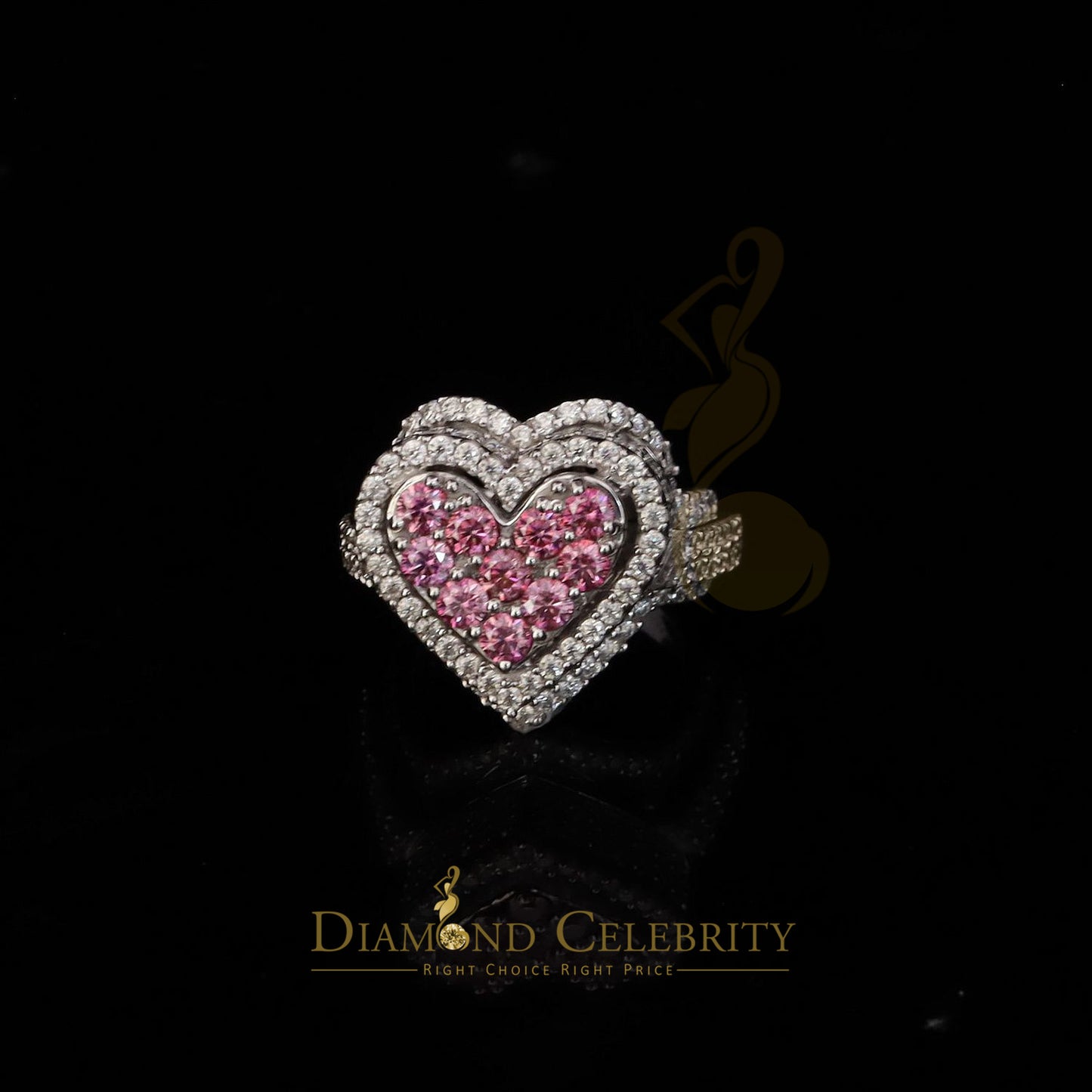 DiamondCelebritees New 5.00CT Women's Pink & White 3D Heart Moissanite Ring VVS 'D' 925 Silver White Sz7