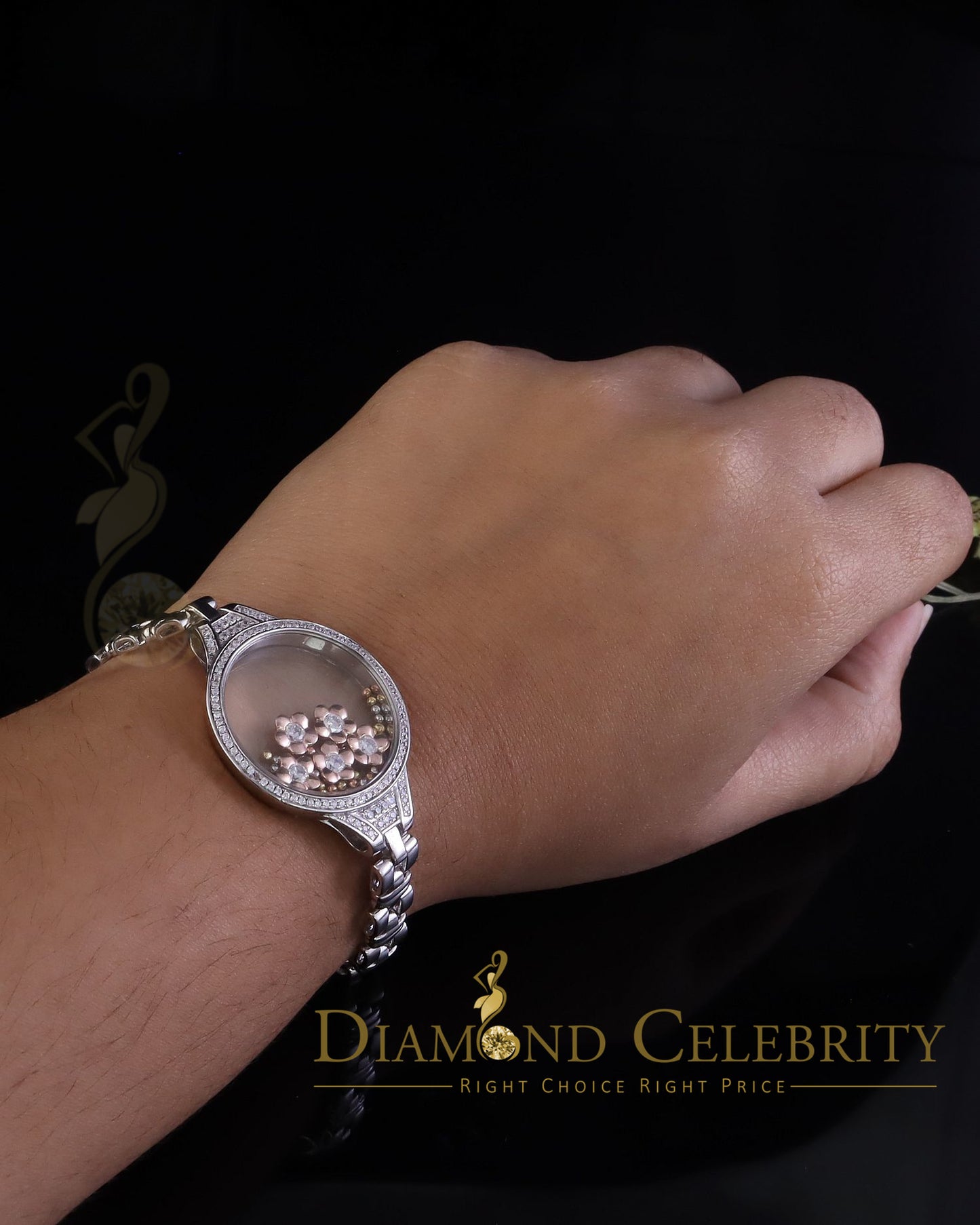 Diamondcelebritees 925 Silver White Floating Flowers Bracelet Iced Out with Cubic Zirconia SZ 7