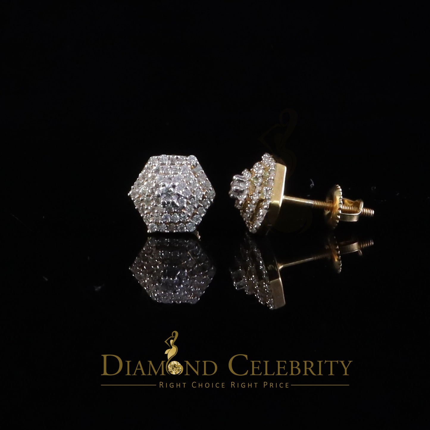 DiamondCelebritees Hexagonal Stud Earrings 0.50ct VVS 'D' Moissanite 925 Yellow Silver Men's/Womens