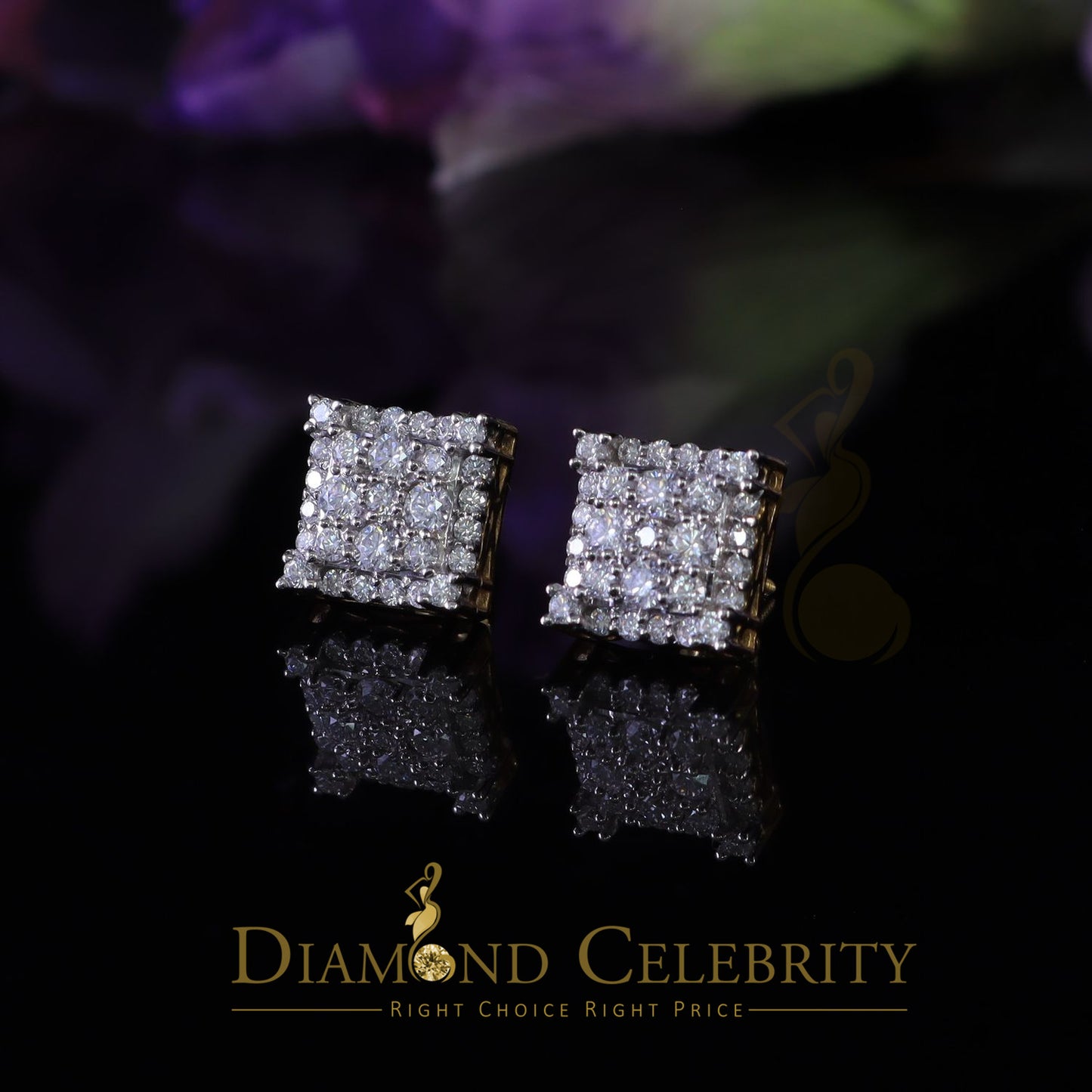 DiamondCelebritees 1.75ct Vvs 'D' Color Genuine Moissanite Stud SQUARE Earring10k Real Yellow Gold