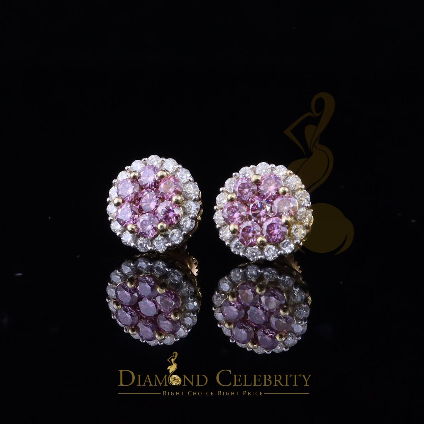 DiamondCelebritees 925 Silver Yellown2.00ct VVS D Pink Moissanite Round Men's/Women's Stud Earrings