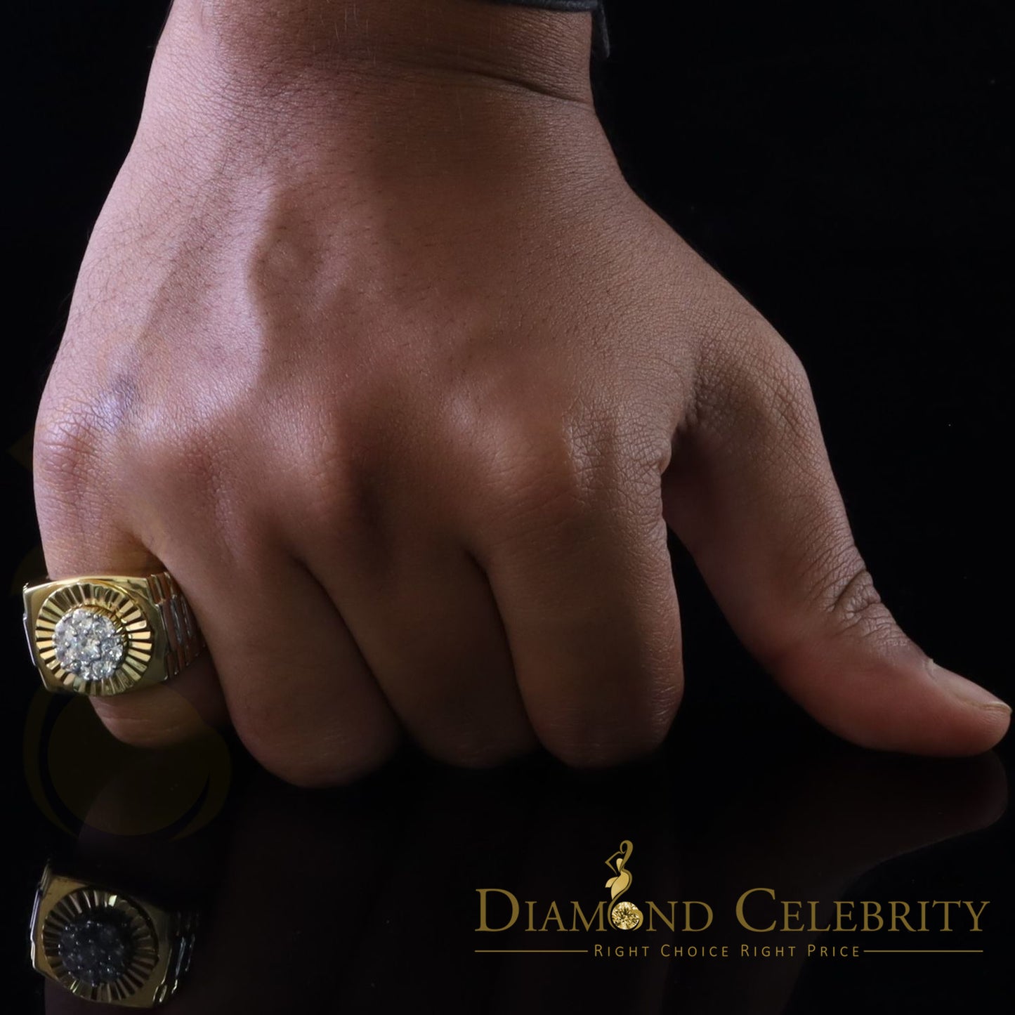 DiamondCelebritees Men's Yellow Silver 1.80ct Round Cubic Zirconia Adjustable Ring From SZ 9 to 11