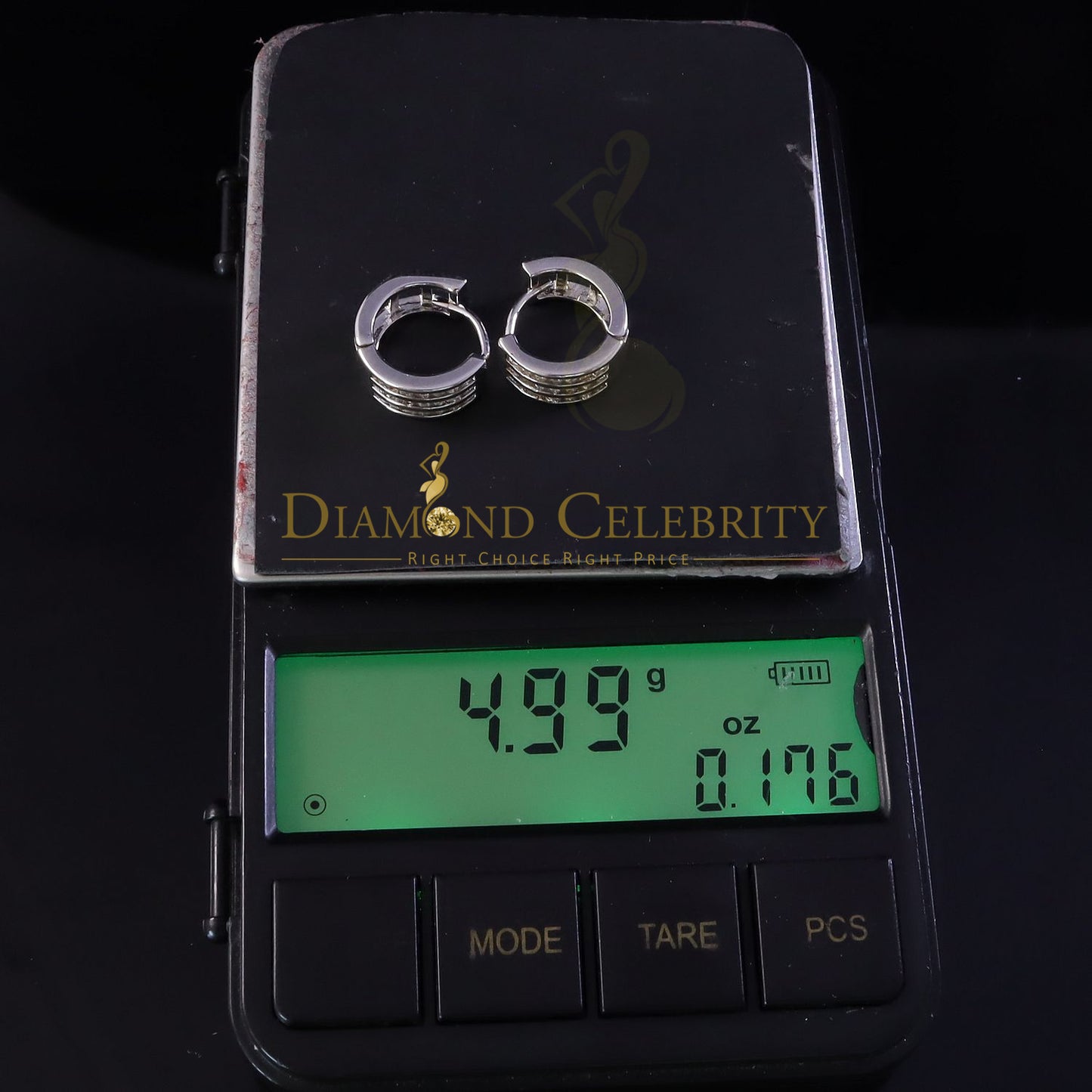 DiamondCelebritees Mens hip hop white Gold 925 Sterling Silver Iced 3 row Huggie Hoop earrings