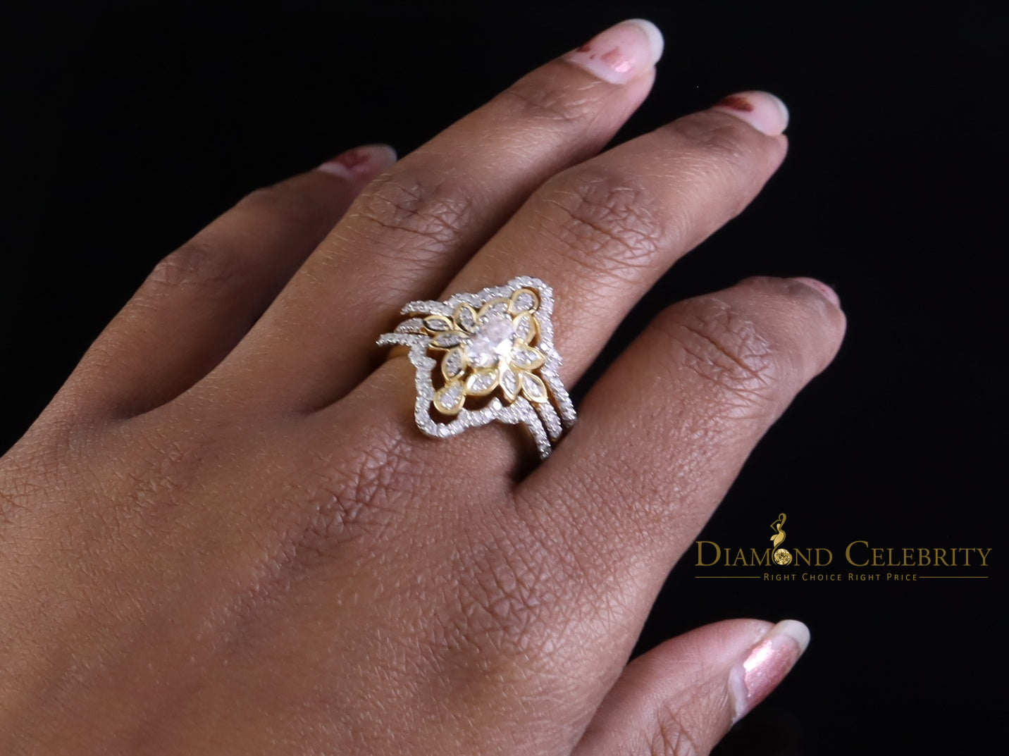 DiamondCelebritees 2.00ct VVS D Moissanite Fancy Ring W/ Guard in SZ 7 Yellow 925 Silver for Women