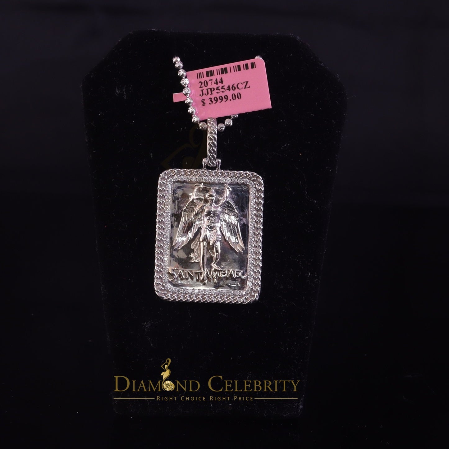 DiamondCelebritees Men's 925 Silver 0.66ct CZ Square SAINT MICHEAL White 1.00 inch 3D Pendant