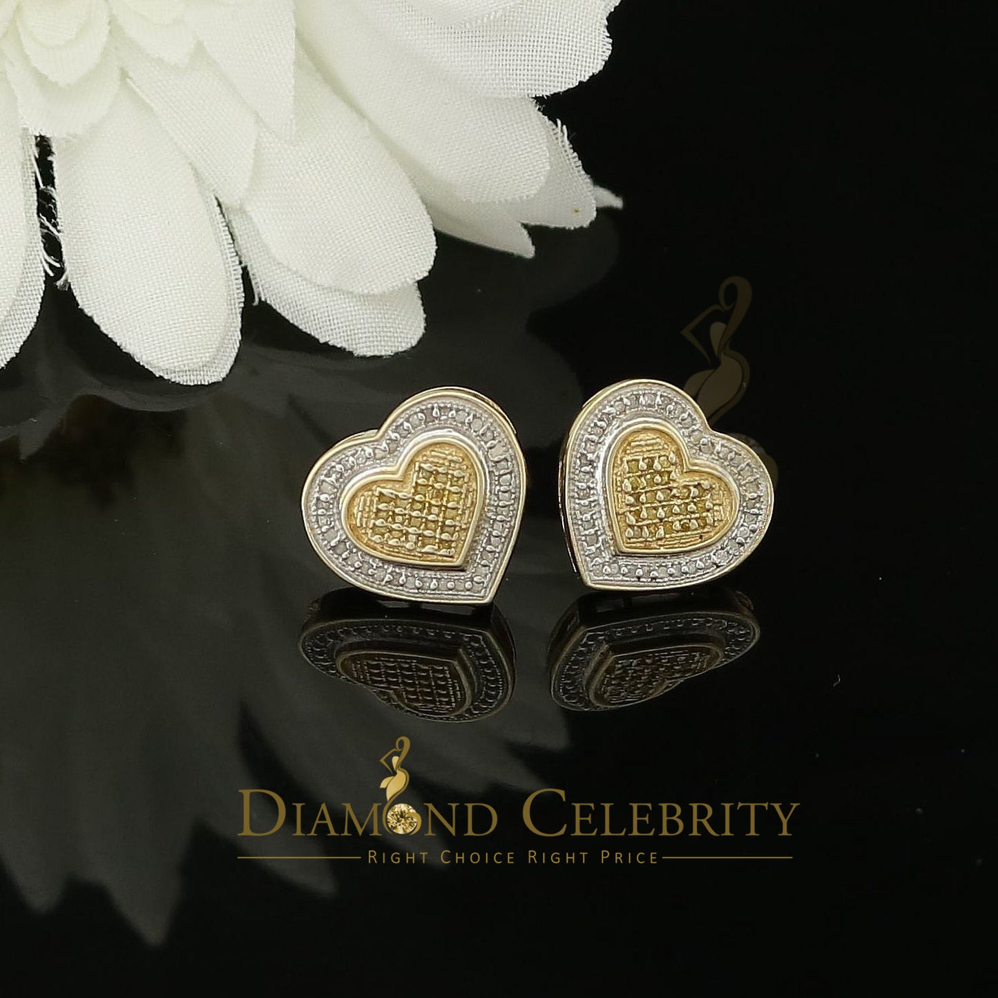 DiamondCelebritees Aretes Para Hombre Heart 925 Yellow Silver 0.30ct Diamond Women's /Men's Earring