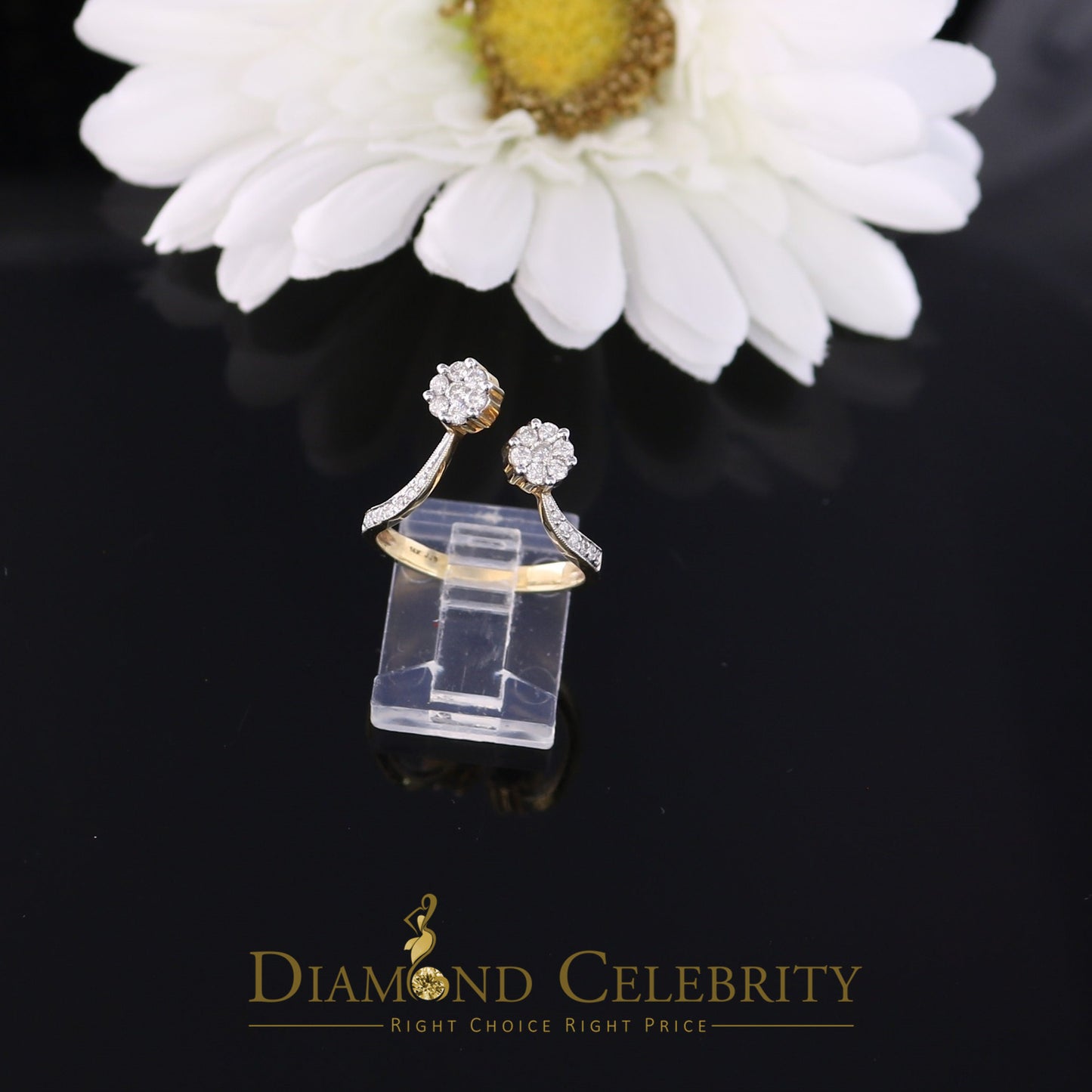 DiamondCelebritees Real 14kt Yellow Gold with 0.50CT Real Diamond 2 TINY FLOWER Ring Size 7.5