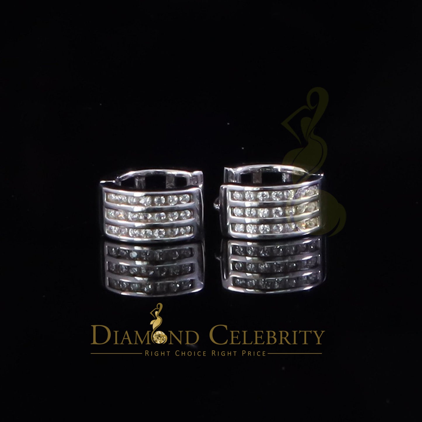 DiamondCelebritees Mens hip hop white Gold 925 Sterling Silver Iced 3 row Huggie Hoop earrings