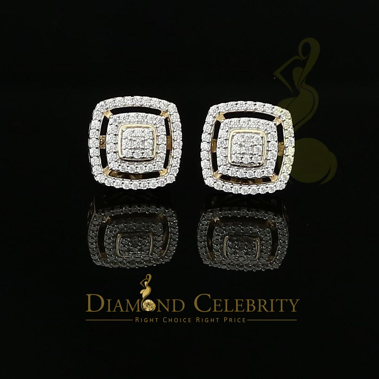 DiamondCelebritees 925 Yellow Sterling Silver 1.22ct Cubic Zirconia Women's Hip Hop Square Earrings