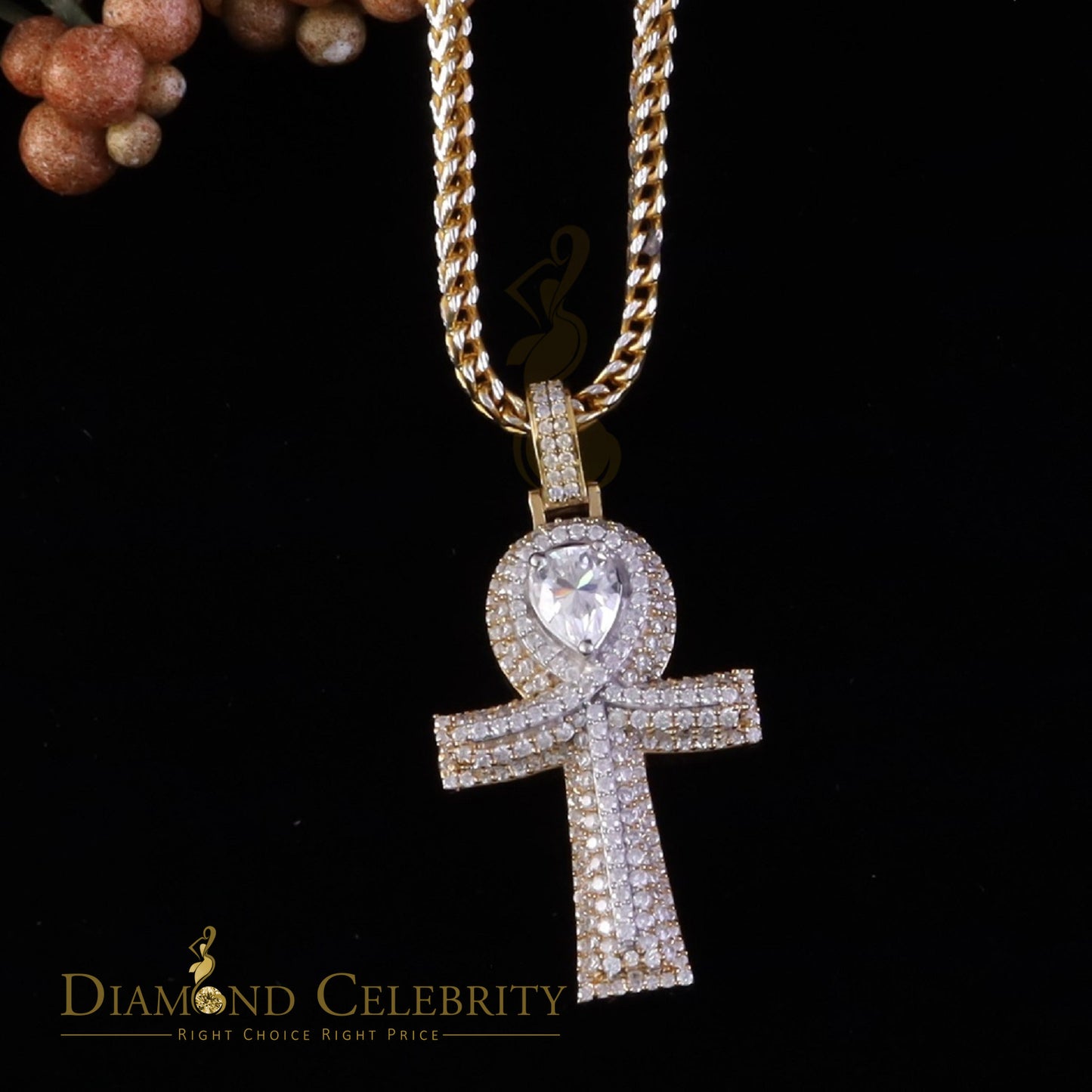 Diamondcelebritees 4.00ct VVS D Pear Shape Stone Yellow Charm Ankh Pendant Mens Silver Moissanite