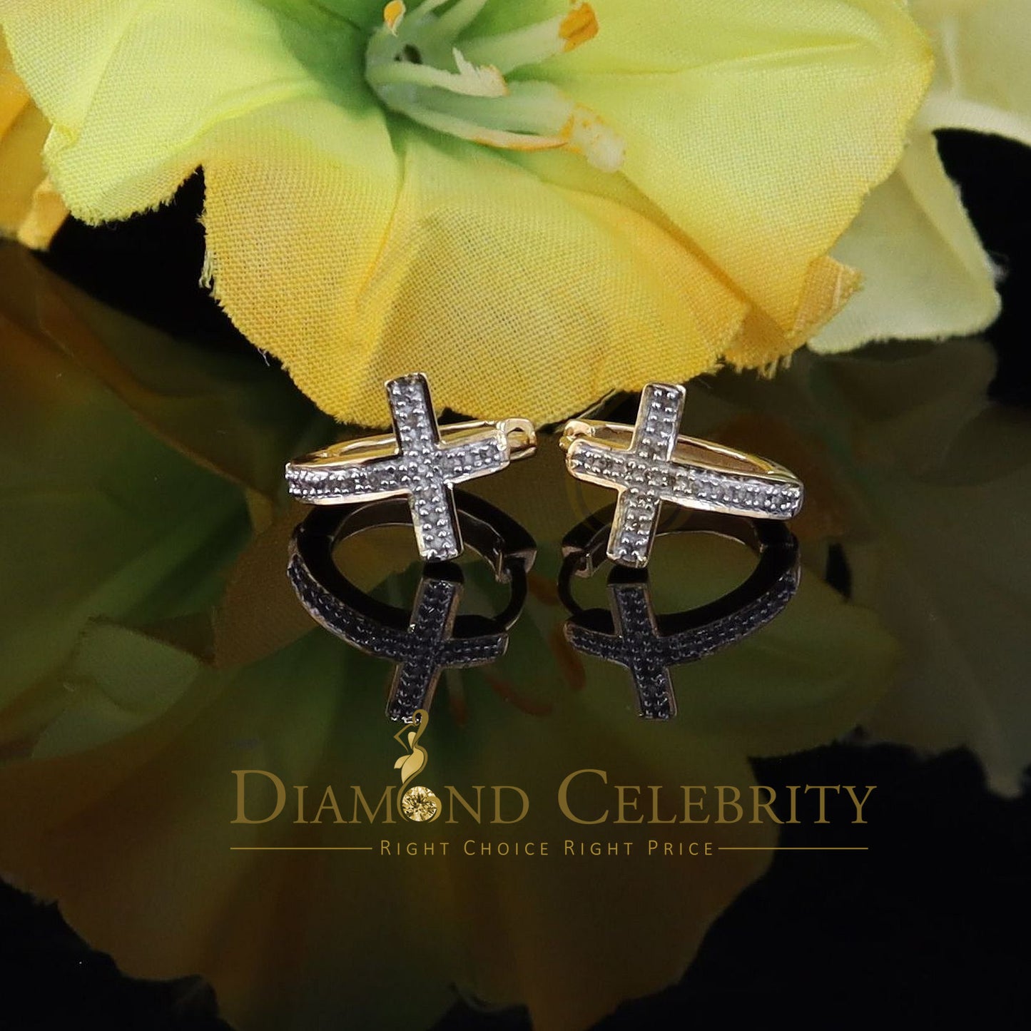 DiamondCelebritees 0.15ct Diamond 925 Sterling Silver Yellow Hoop Stud cross Earring For Men /Women