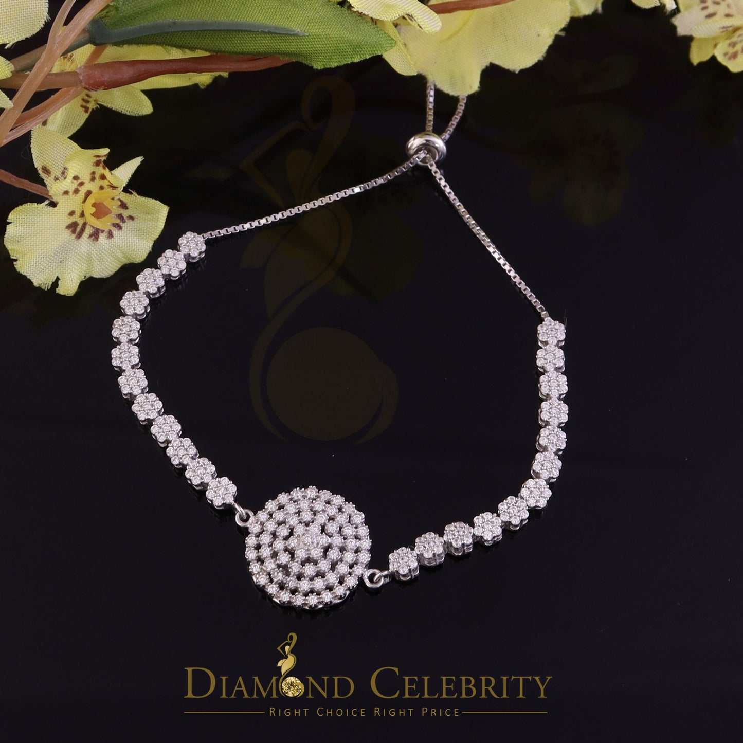 Diamondcelebritees White Sterling Silver Flower Shape Bracelet Cubic Zirconia Adjustable SZ 7 Inch