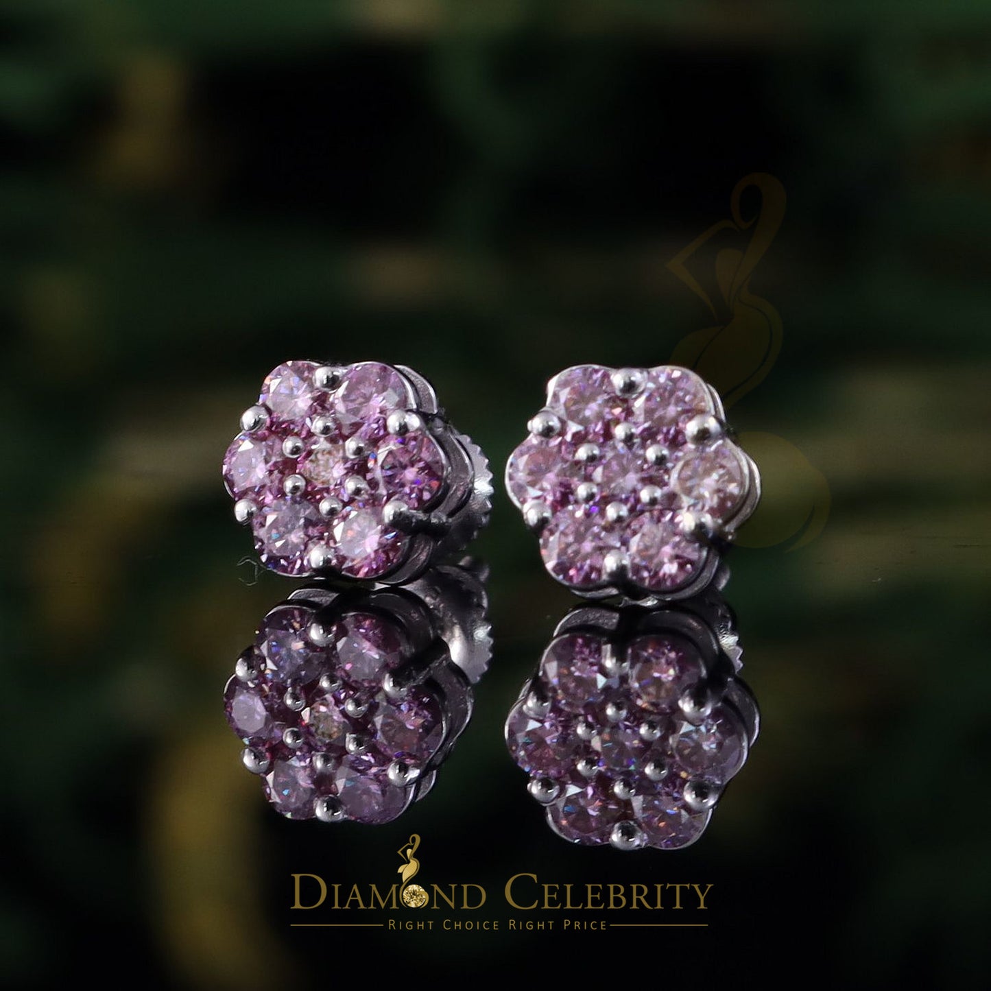 Diamondcelebritees Mens/Womens 925 Silver White 1.00ct VVS 'D' Pink Moissanite Floral Stud Earrings