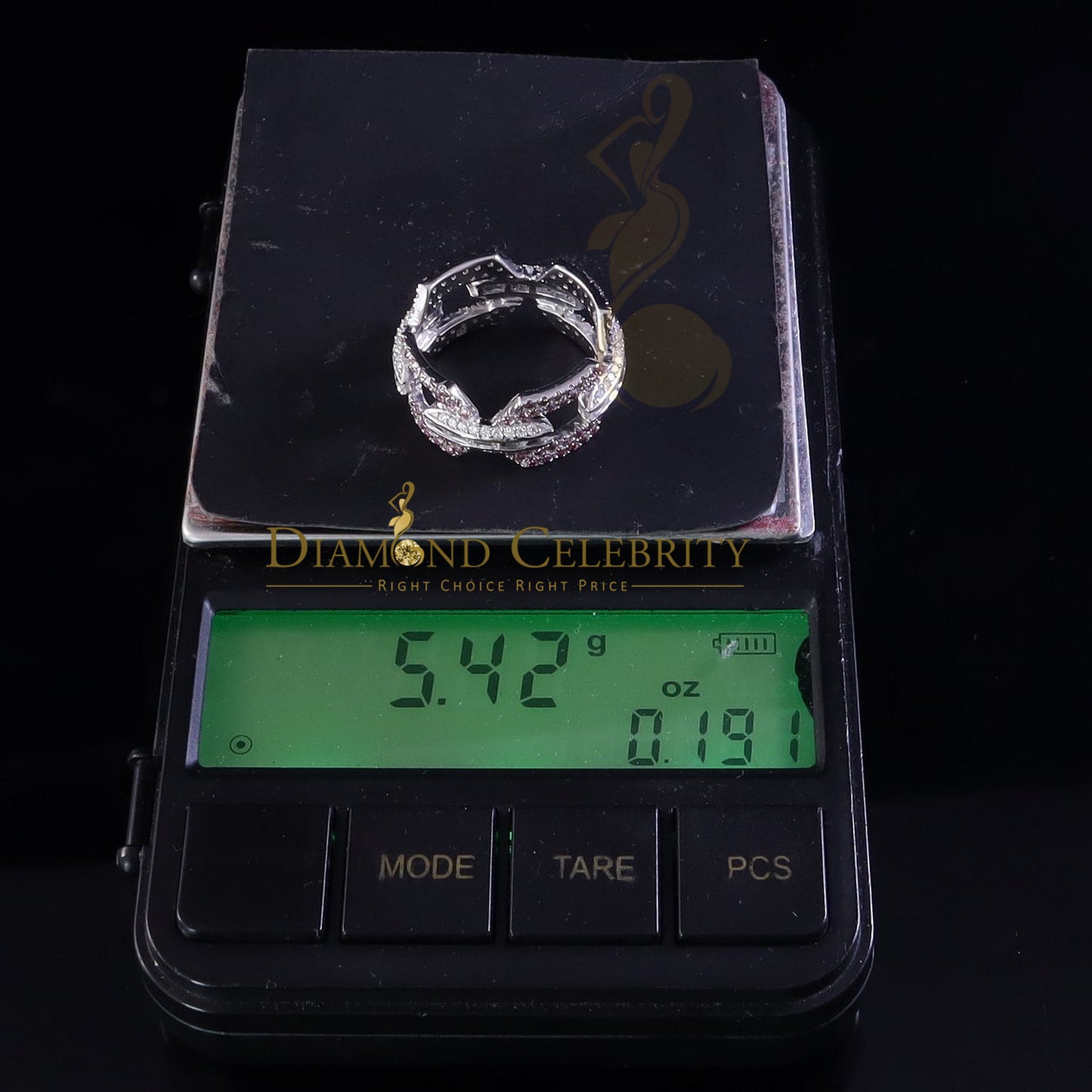 DiamondCelebritees 2.50CT Women's Pink Moissanite VVS D 925 Silver White Baguette RD Ring Sz8