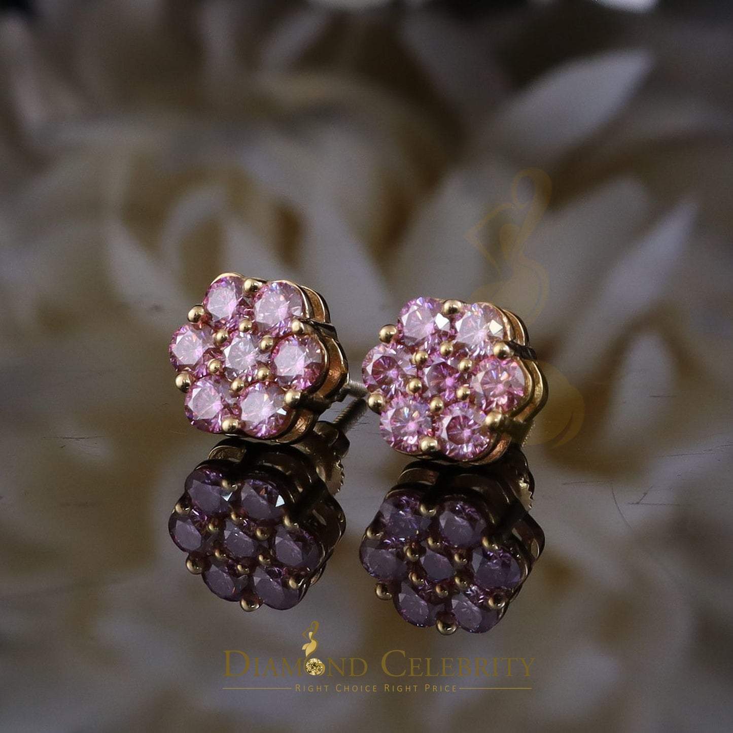 DiamondCelebritees Mens/Women's 925 Silver Yellow 1.66ct VVS D Pink Moissanite Floral Stud Earrings