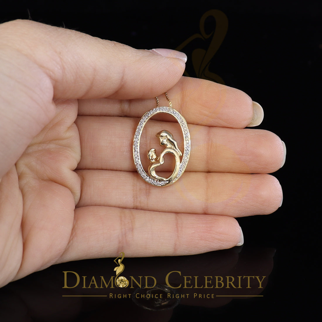 DiamondCelebritees Real 0.10ct Diamond 925 Sterling Silver MOTHER'S CHILD LOVE Yellow Pendant