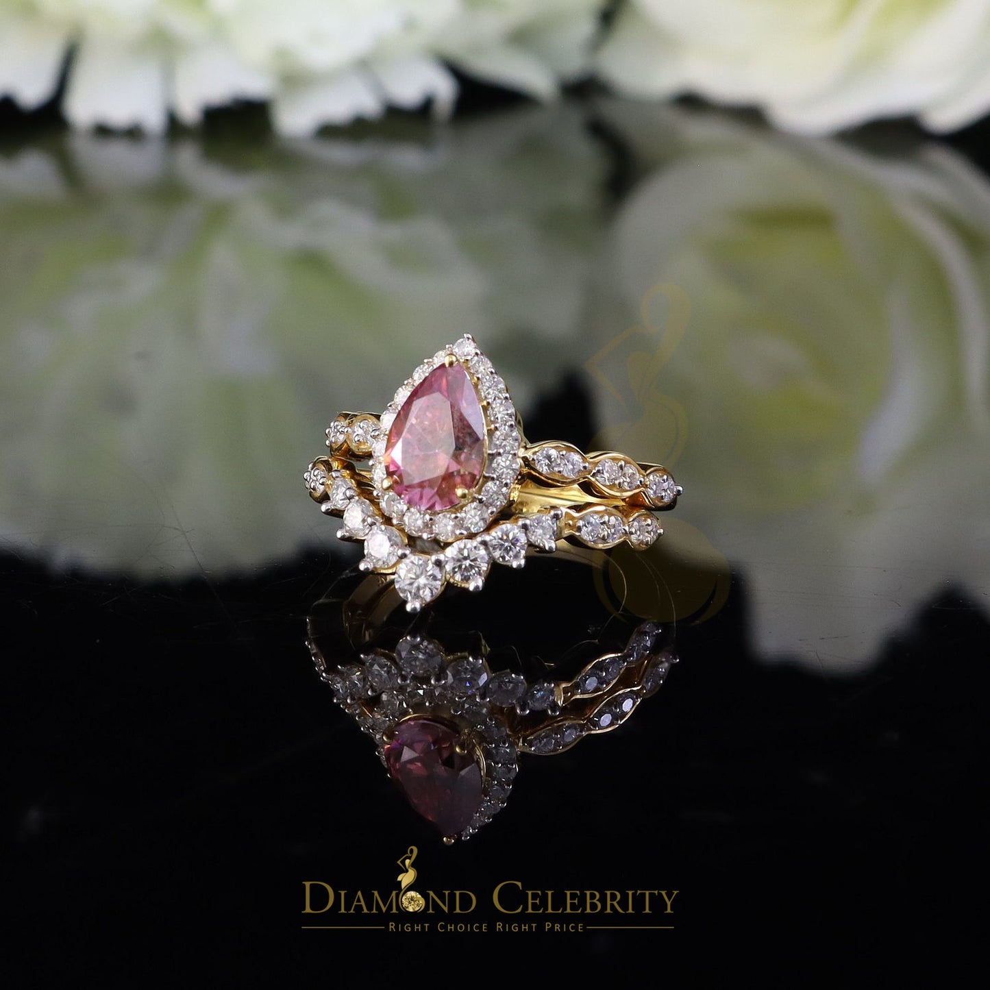 DiamondCelebritees 2.50CTWomen's925SilverYellowVVS D Pink&White Moissanite PearShaped DoubleRingSZ7