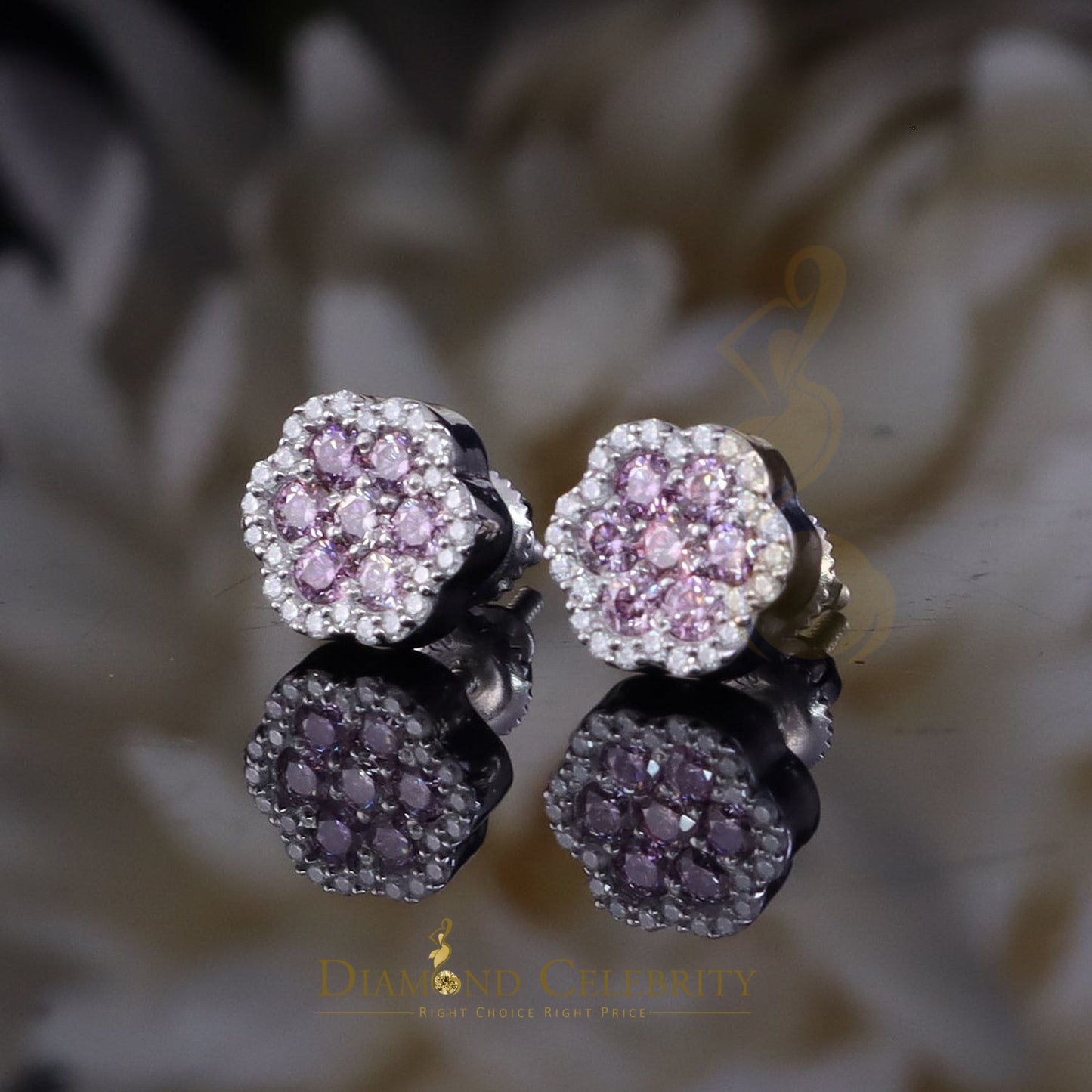 Diamondcelebritees Men's/Women's 925 Silver White 0.66ct VVS D Pink Moissanite Floral Stud Earrings