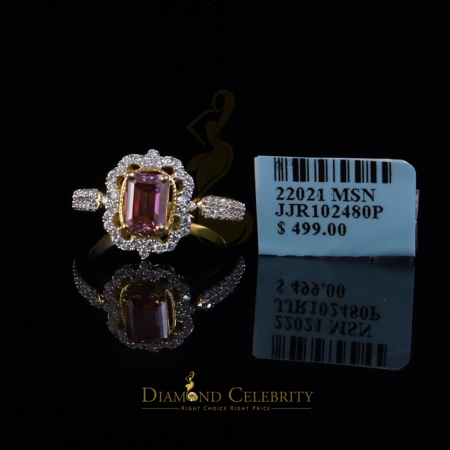 DiamondCelebritees 2.00CT Women's 925 Silver Yellow VVS D Pink & White Moissanite Emerald Ring SZ 7