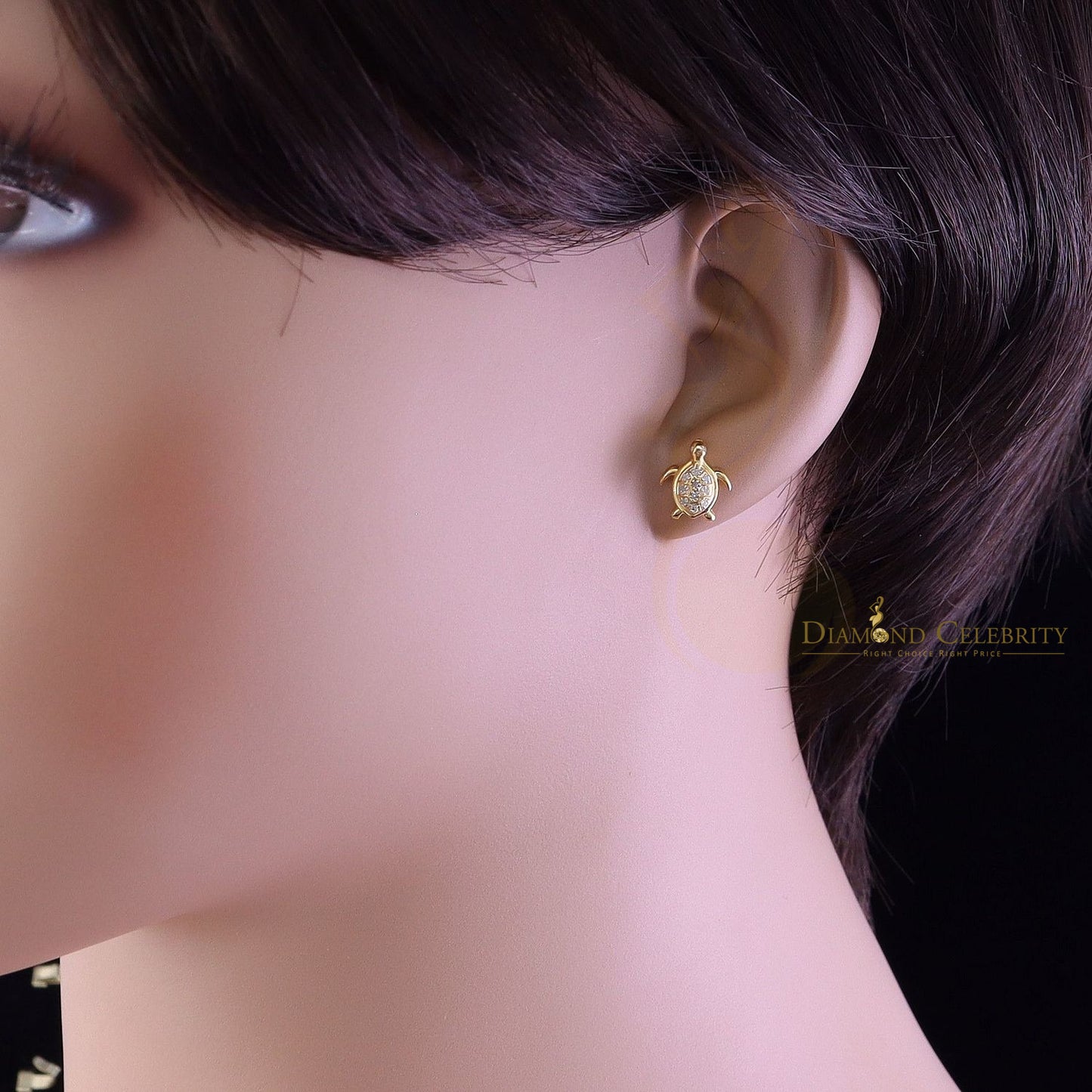 DiamondCelebritees 925 Sterling Yellow Silver 0.10ct Diamond Turtle Earrings For Women's & Men's