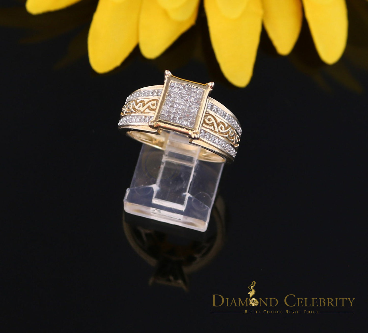 DiamondCelebritees Real Diamond 0.50 CT 925 Silver Yellow Shiny Womens Square Engagement Ring SZ 8