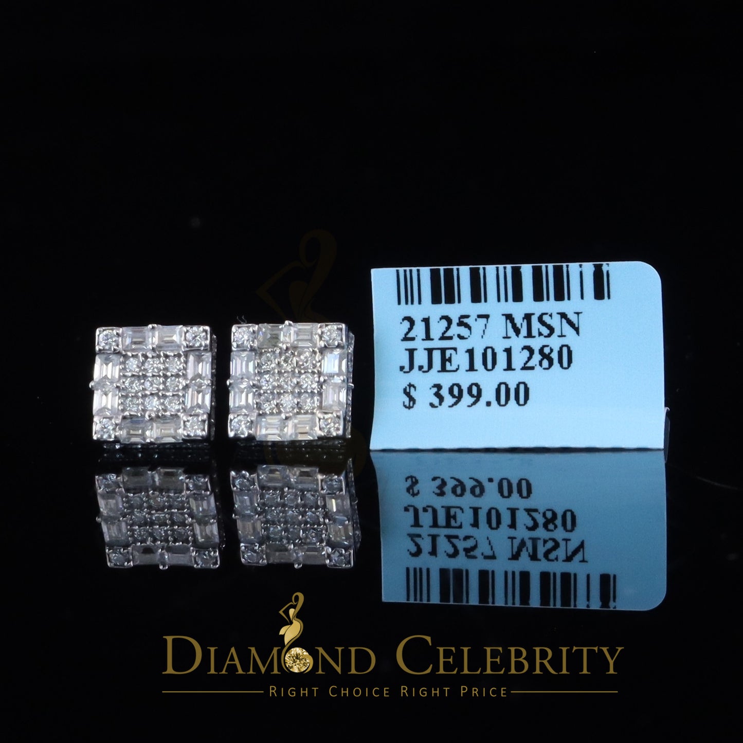 Diamondcelebritees 925 White Silver 1.00ct VVS 'D' Moissanite Square Stud Earring Men's/Womens