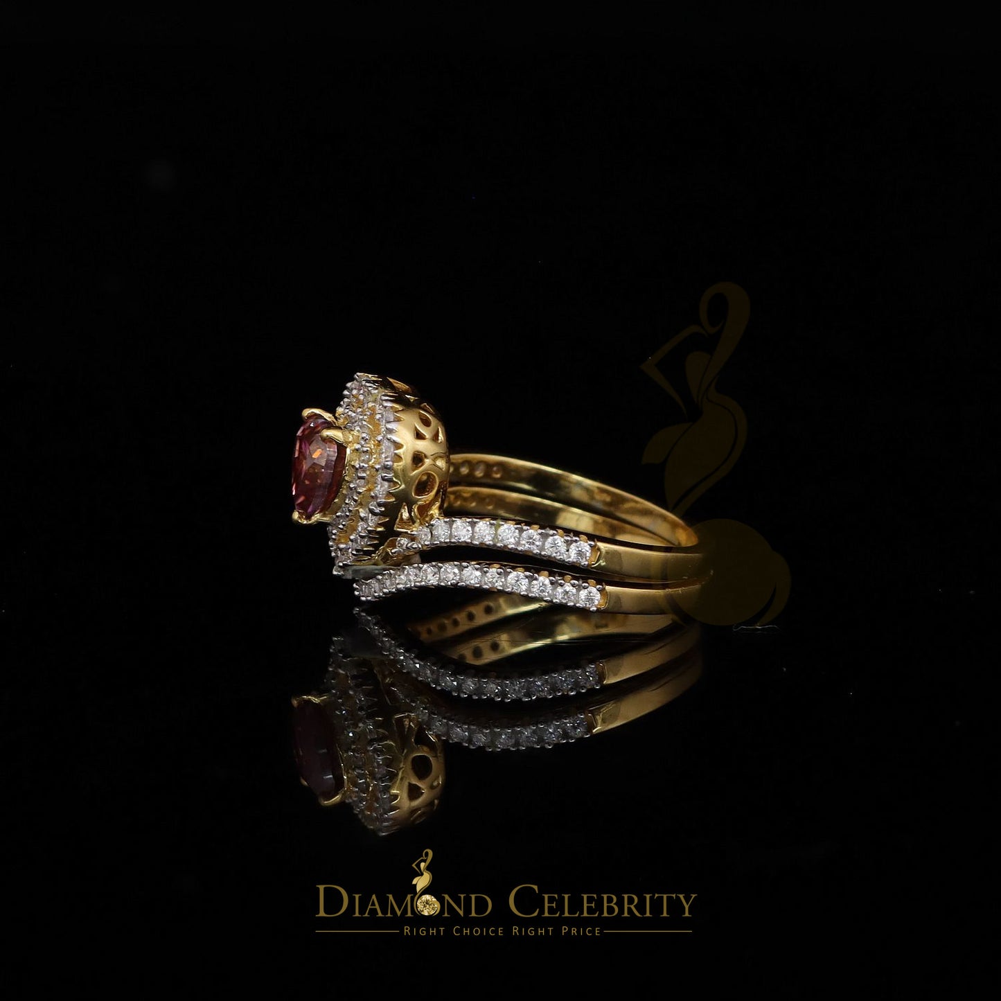 DiamondCelebritees 1.66CT Women's925 Silver Yellow VVS D Pink&White Moissanite Heart Double RingSZ7