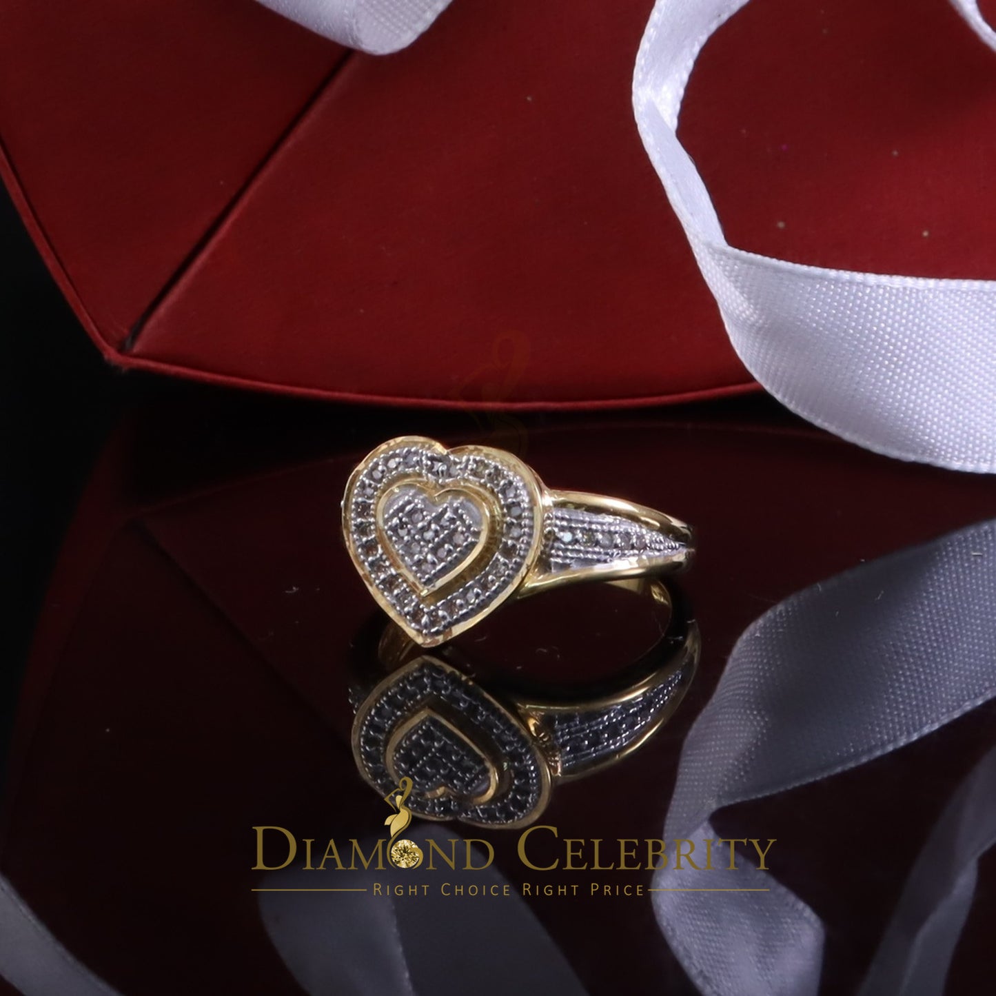 DiamondCelebritees Valentine Yellow Silver 0.15CT Real Diamond Shiny Womens Promise Heart Ring Sz 7