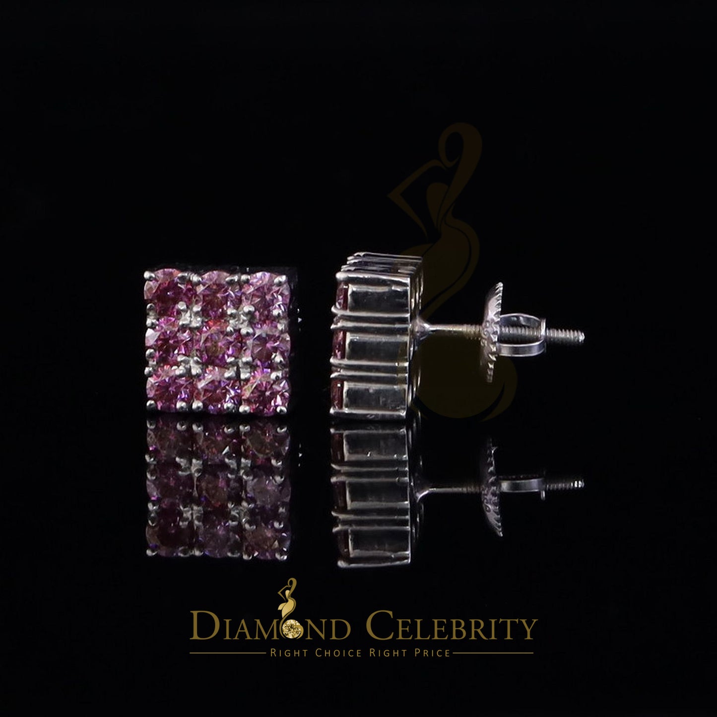 Diamondcelebritees 925 Silver White 2.25ct VVS D Pink Moissanite Men's/Women's Square Stud Earrings