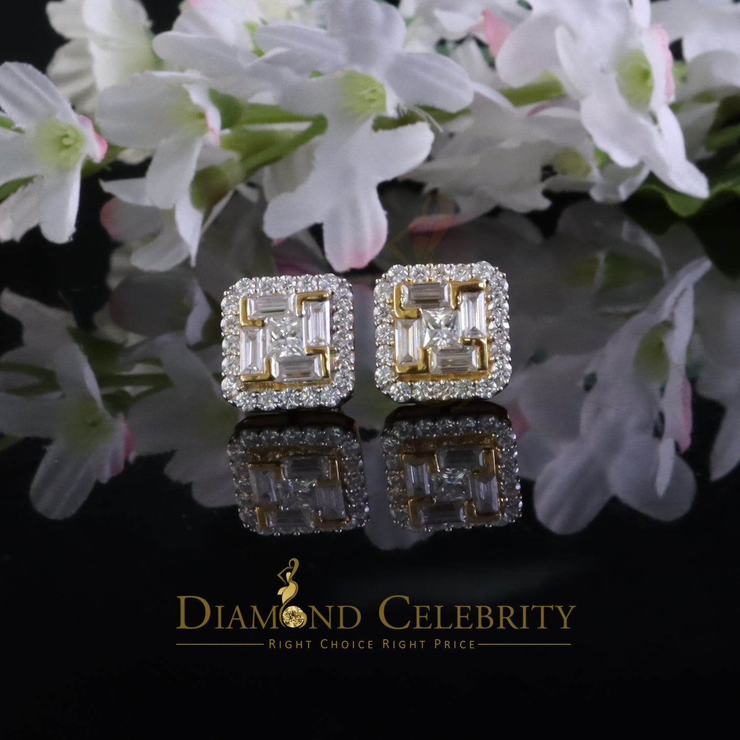 DiamondCelebritees New Men's Yellow Square Stud 925 Silver 1.66ct VVS 'D' Moissanite Womens Earring