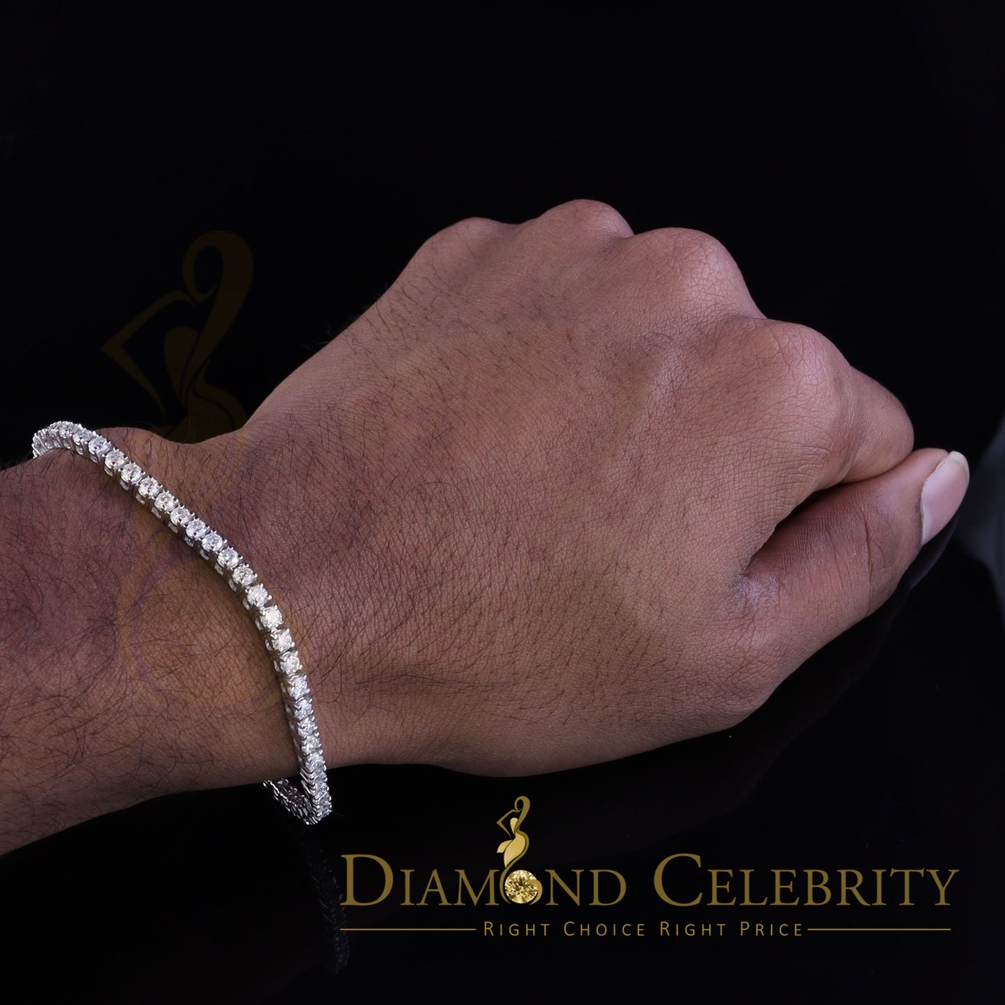 Diamondcelebritees Men's 12ct Moissanite Round 925 Silver White Tennis Bracelet 3mm Thick 8" Long