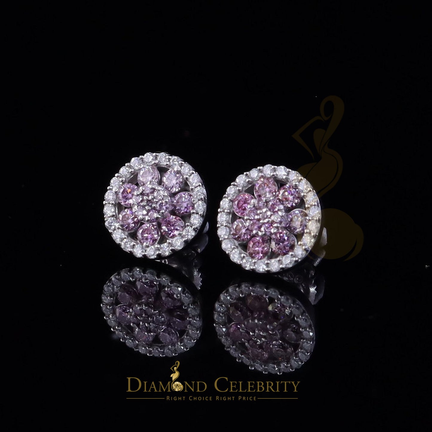Diamondcelebritees Women's 925 Silver White 0.66ct VVS 'D' Pink Moissanite Round Stud Earrings