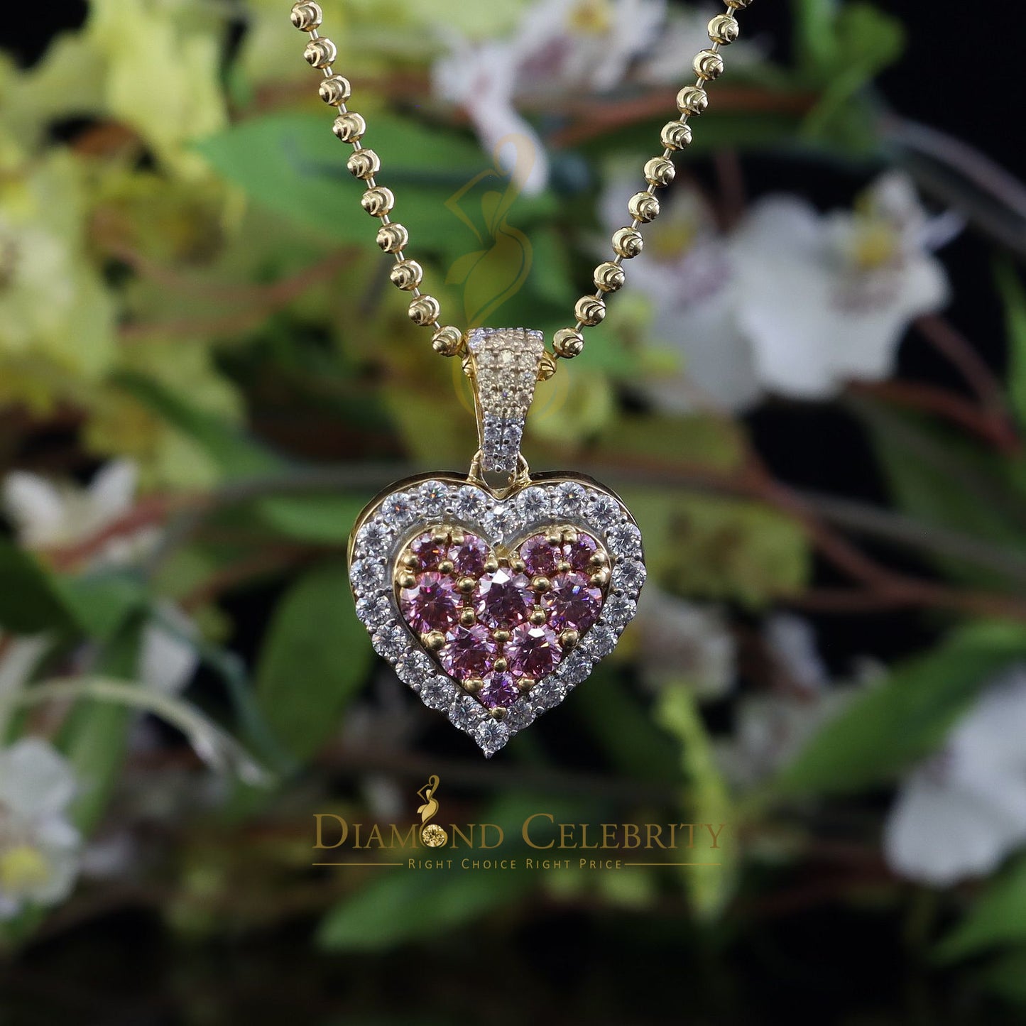 Diamondcelebritees New Men's/Women's 925 Silver White 3.00ct VVS D Pink Moissanite Heart 3D Pendant