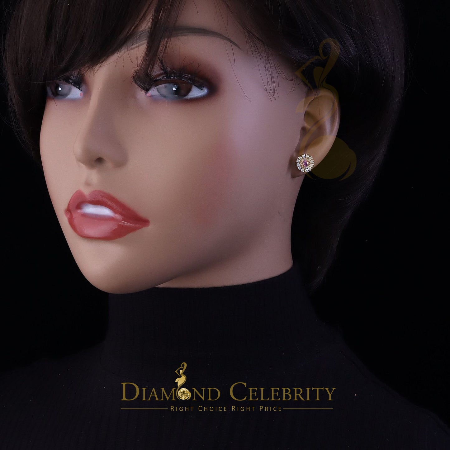 DiamondCelebritees 925 Silver Yellow 1.00ct VVS D Pink Moissanite Round Men's/Women's Stud Earrings