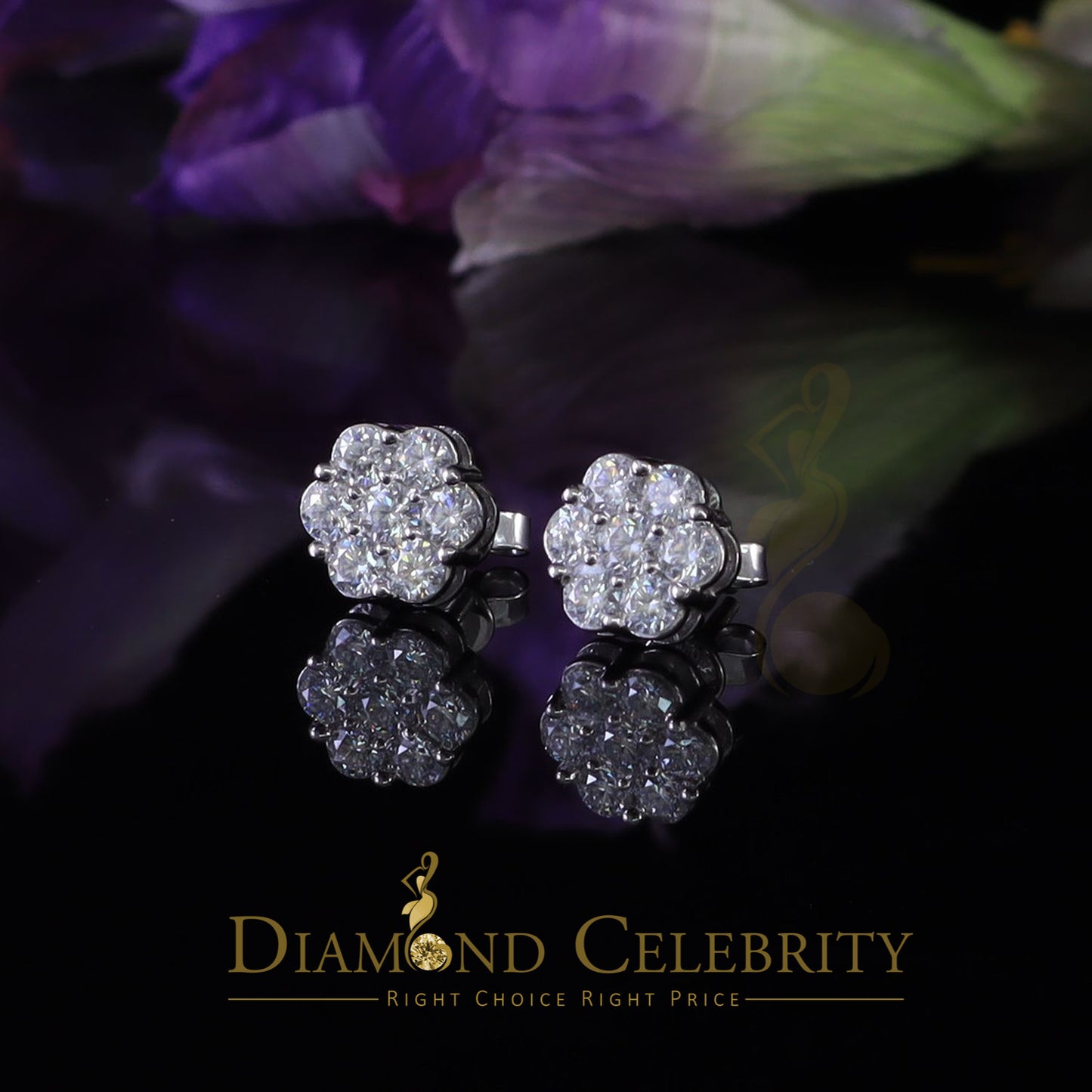 DiamondCelebritees Real Moissanite VVS 'D' Color 2.25 ct 10k Real White Gold Stud FLORAL Earrings
