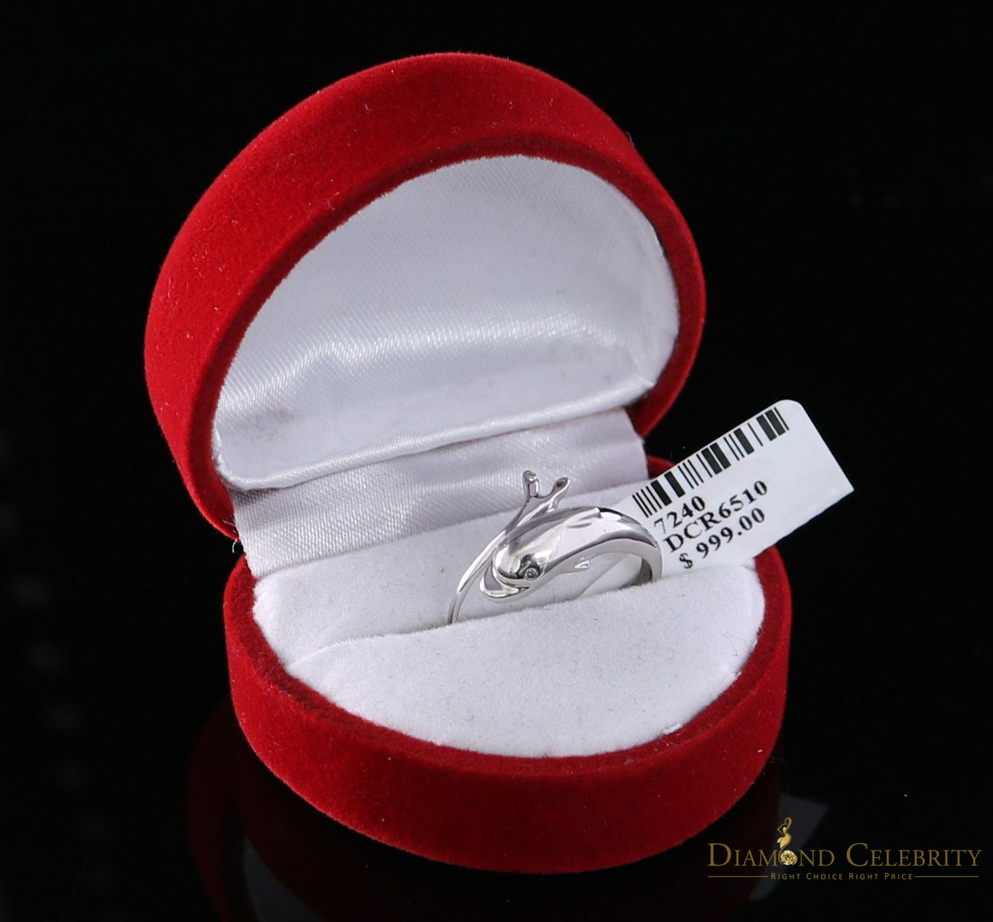 DiamondCelebritees Real 10 kt White Gold with 0.02 CT Genuine Diamond Cute Dolphin Ring Size 6.5