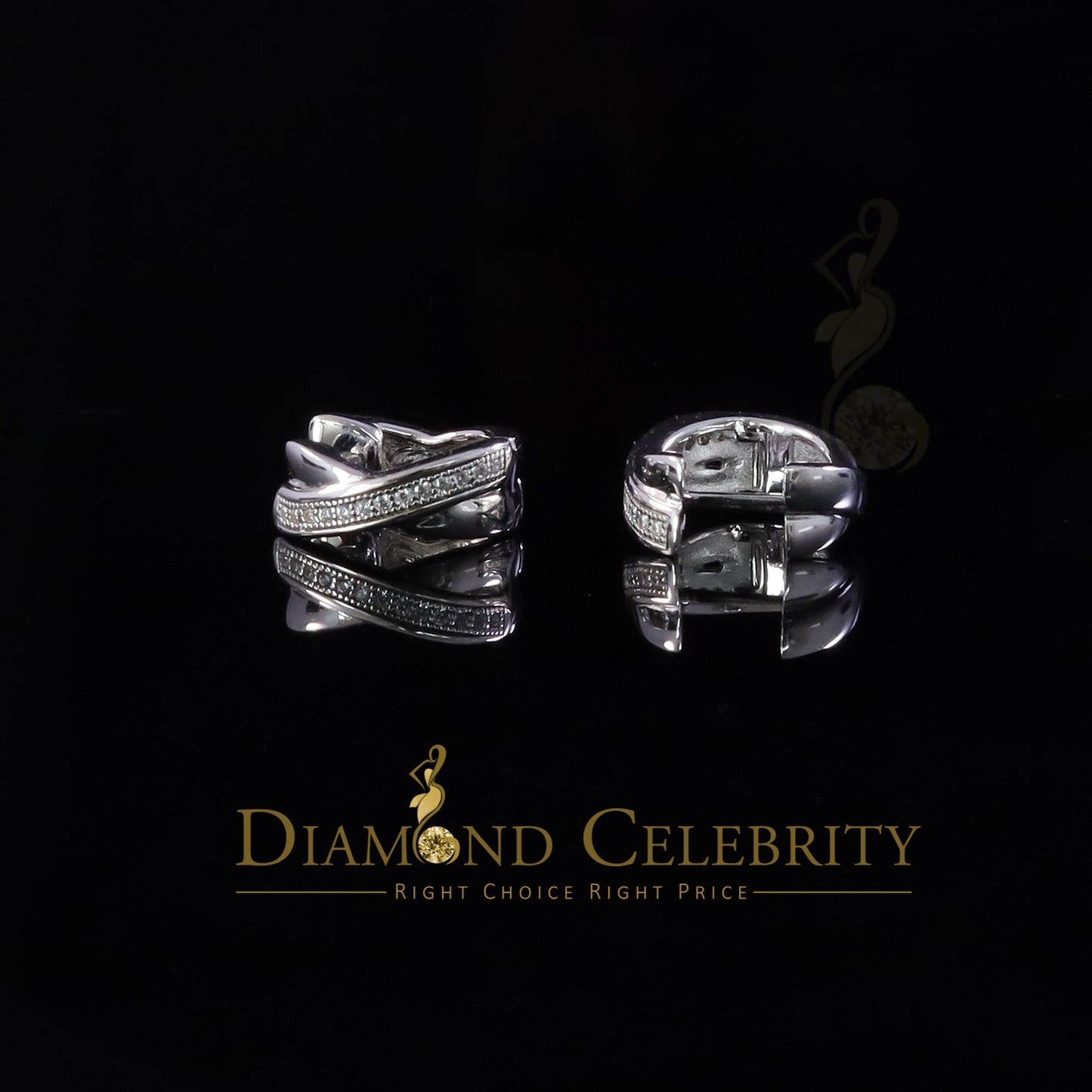 DiamondCelebritees Mens hip hop white Gold 925 Sterling Silver Iced 1 row Huggie Hoop earrings