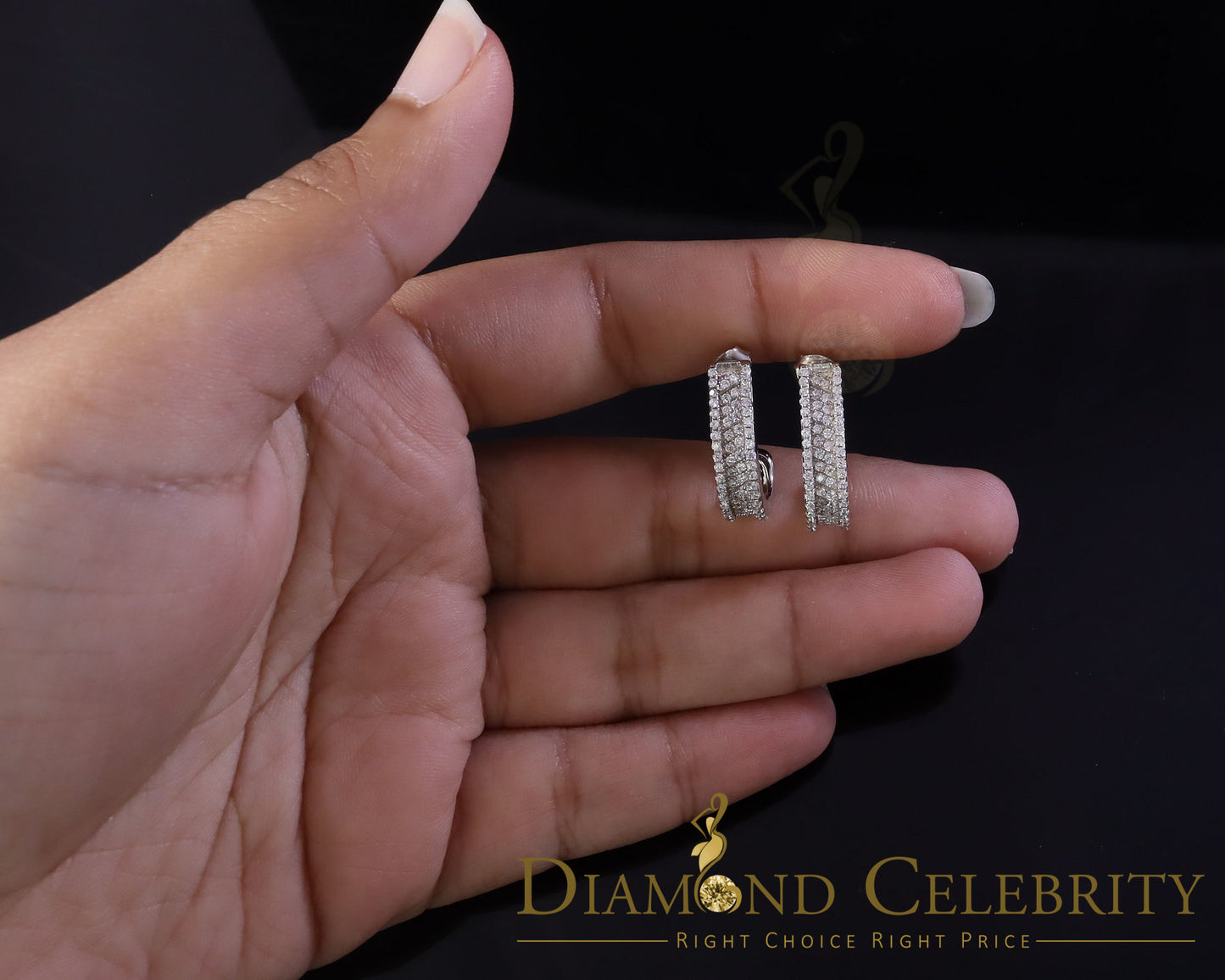 DiamondCelebritees 925 Sterling Silver Mens hip hop white Gold Iced 3 row Huggie Hoop earrings