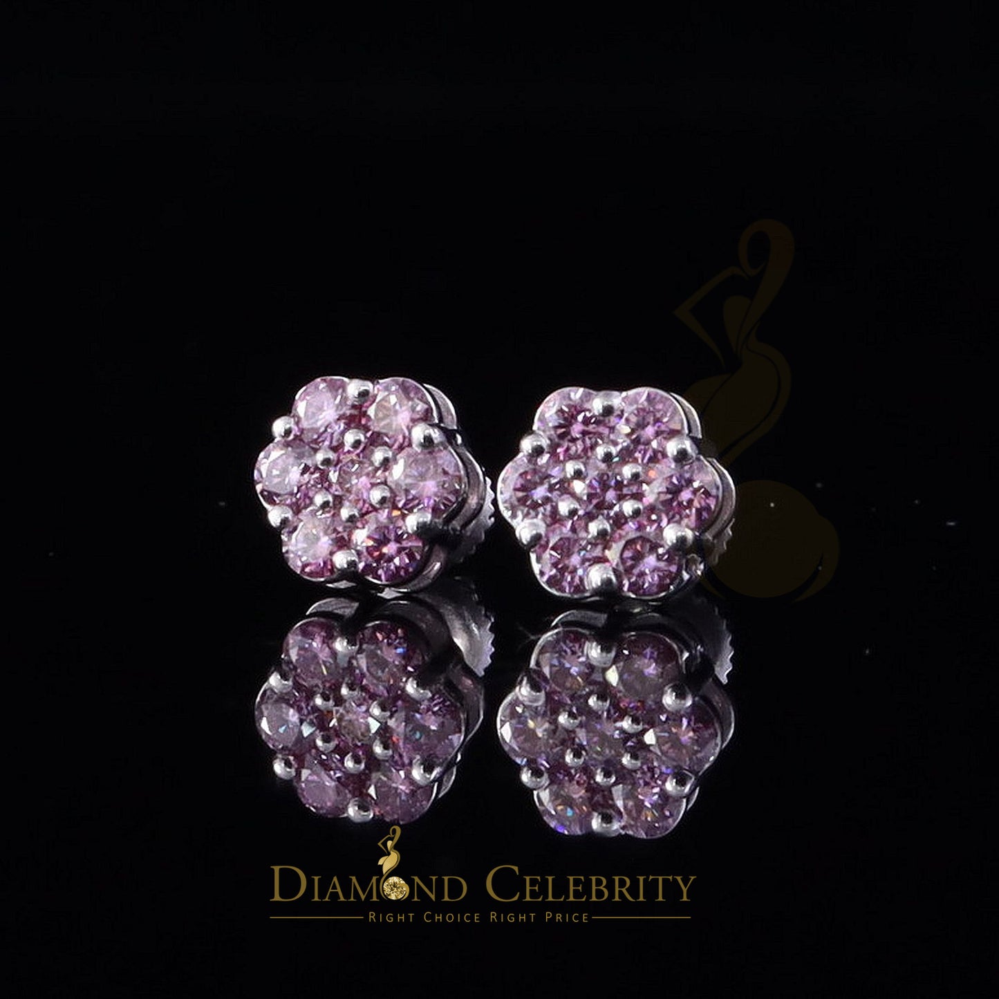 Diamondcelebritees Mens/Womens 925 Silver White 1.00ct VVS 'D' Pink Moissanite Floral Stud Earrings
