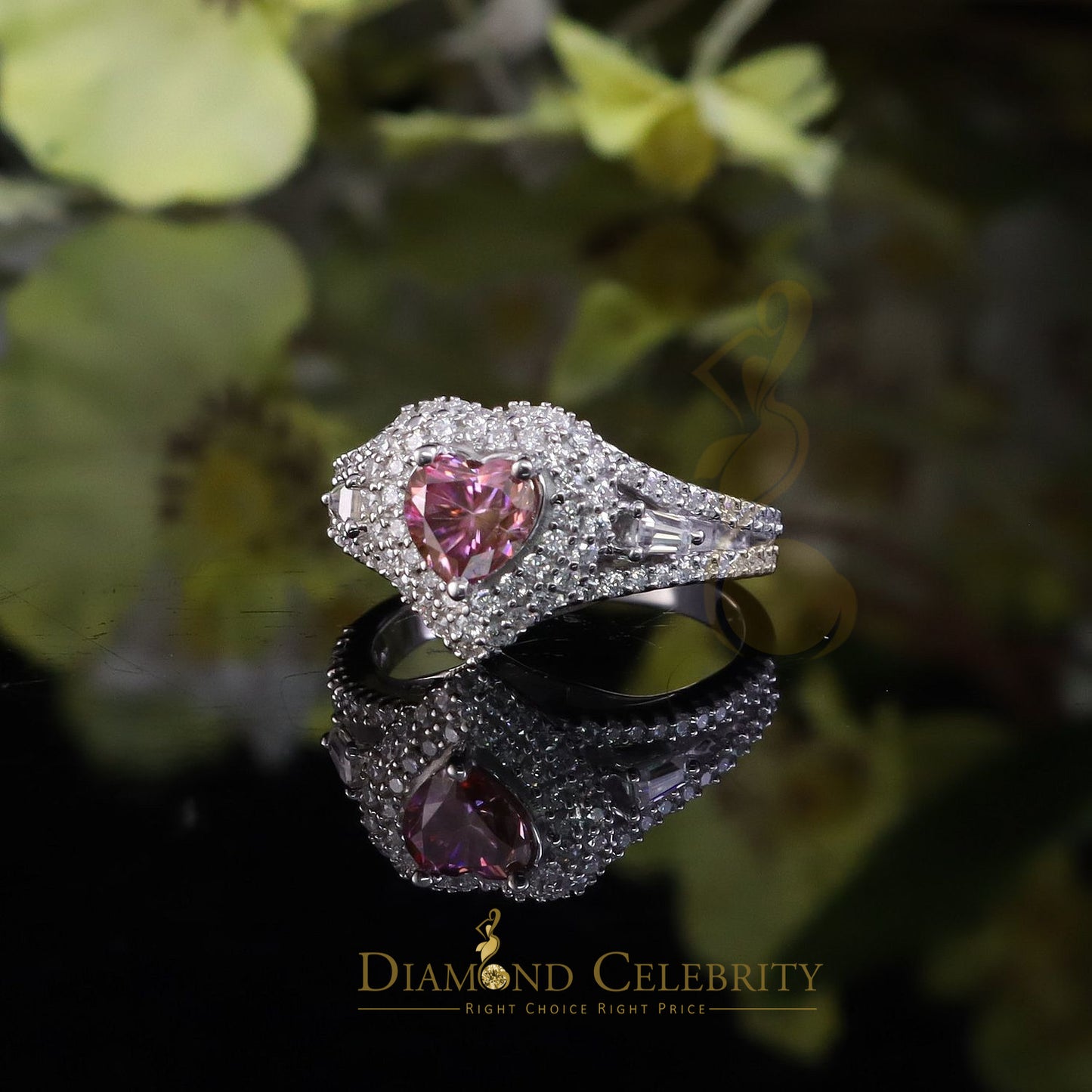 DiamondCelebritees 1.50CT Women's 925 Silver VVS D Pink & White Moissanite Heart Ring SZ 7