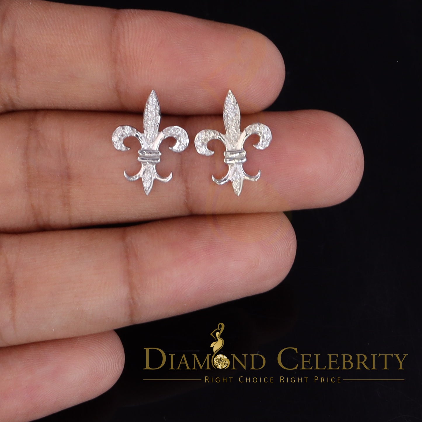 DiamondCelebritees 925 White Silver Fleur de Lis Screw Back 0.25ct Cubic Zirconia Women's Earrings