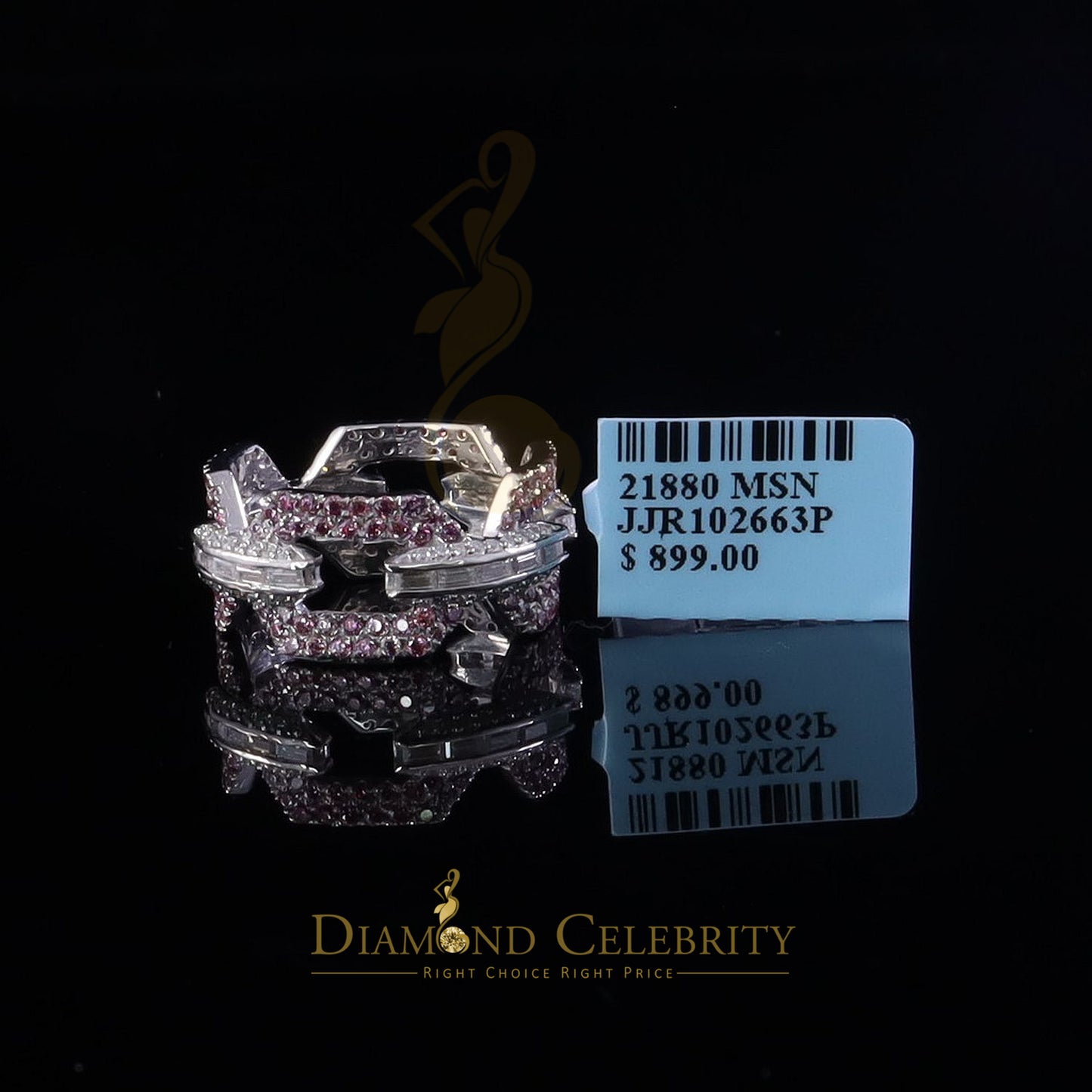 DiamondCelebritees 2.50CT Women's Pink Moissanite VVS D 925 Silver White Baguette RD Ring Sz8