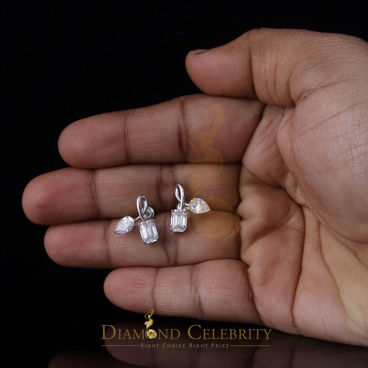 Diamondcelebritees Men's/Women's 925Silver White 3.50ct VVS D Moissanite Pear Emerald Stud Earrings