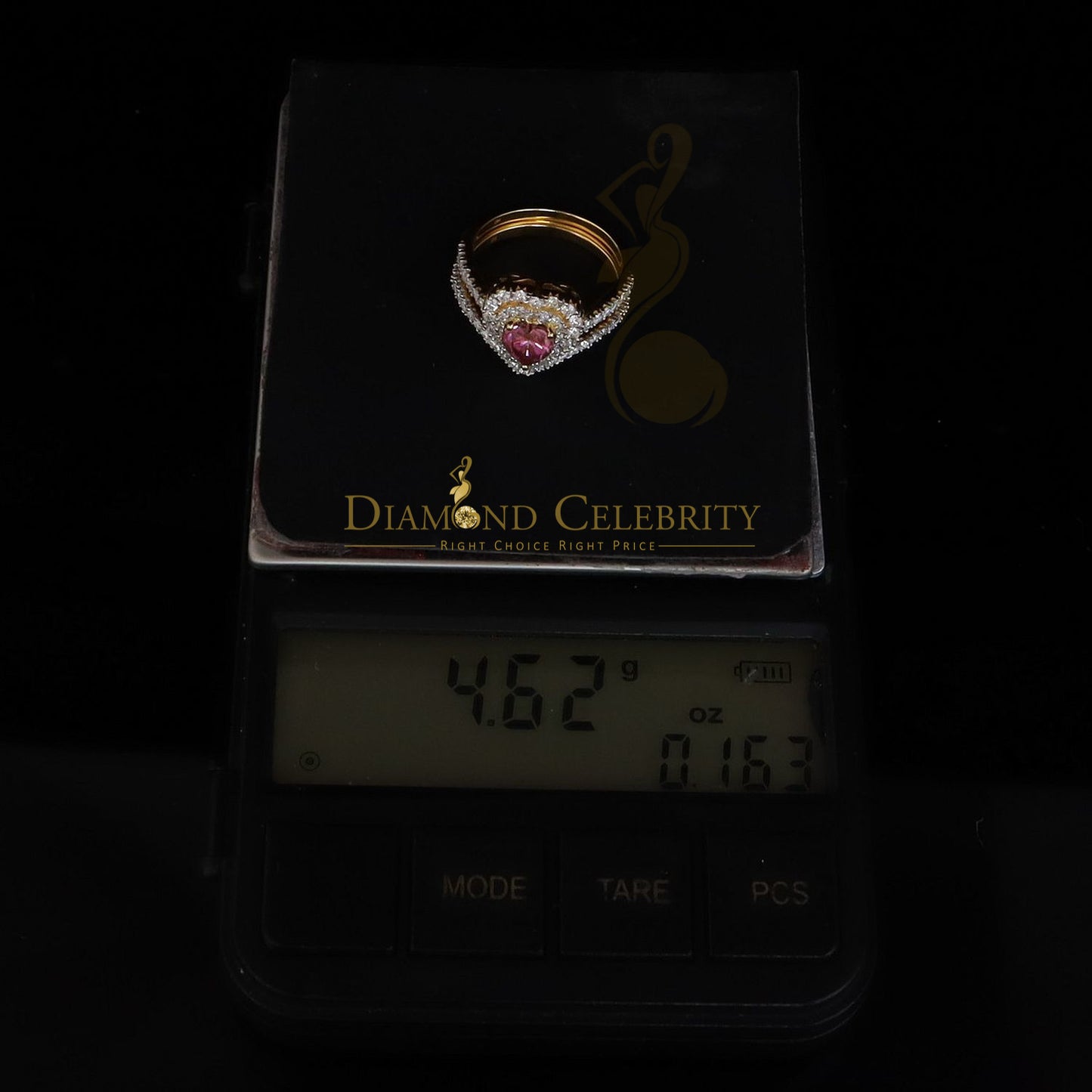 DiamondCelebritees 1.66CT Women's925 Silver Yellow VVS D Pink&White Moissanite Heart Double RingSZ7