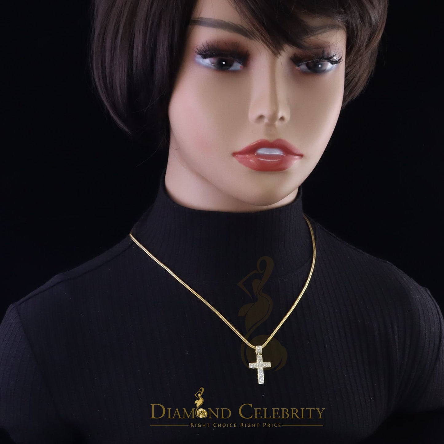 DiamondCelebritees Real 0.33ct Diamond 925 Yellow Sterling Silver CROSS Charm Necklace Pendant