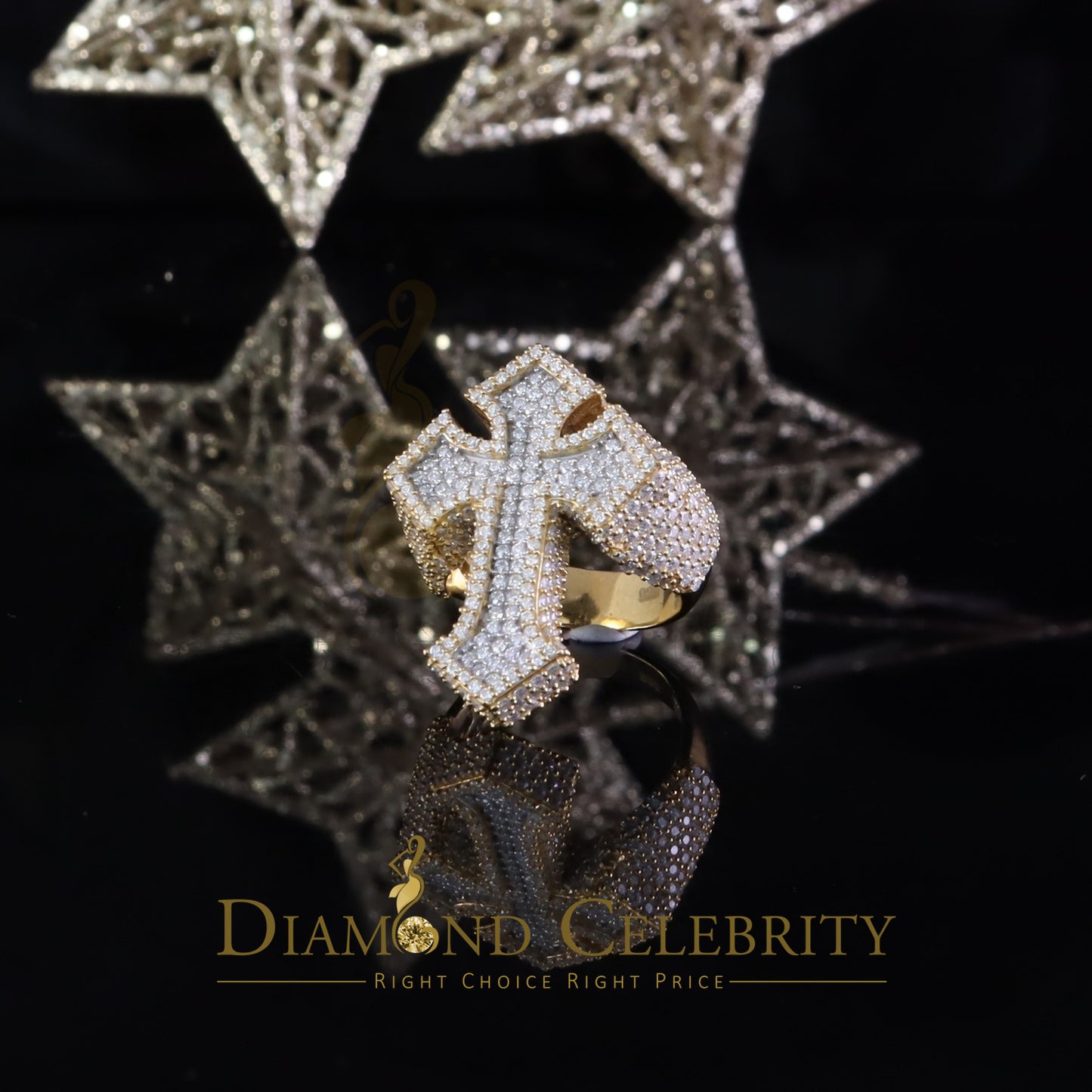 DiamondCelebritees Men's Yellow Cross 925 Sterling Silver 5.50ct VVS D Moissanite Rings Size 10