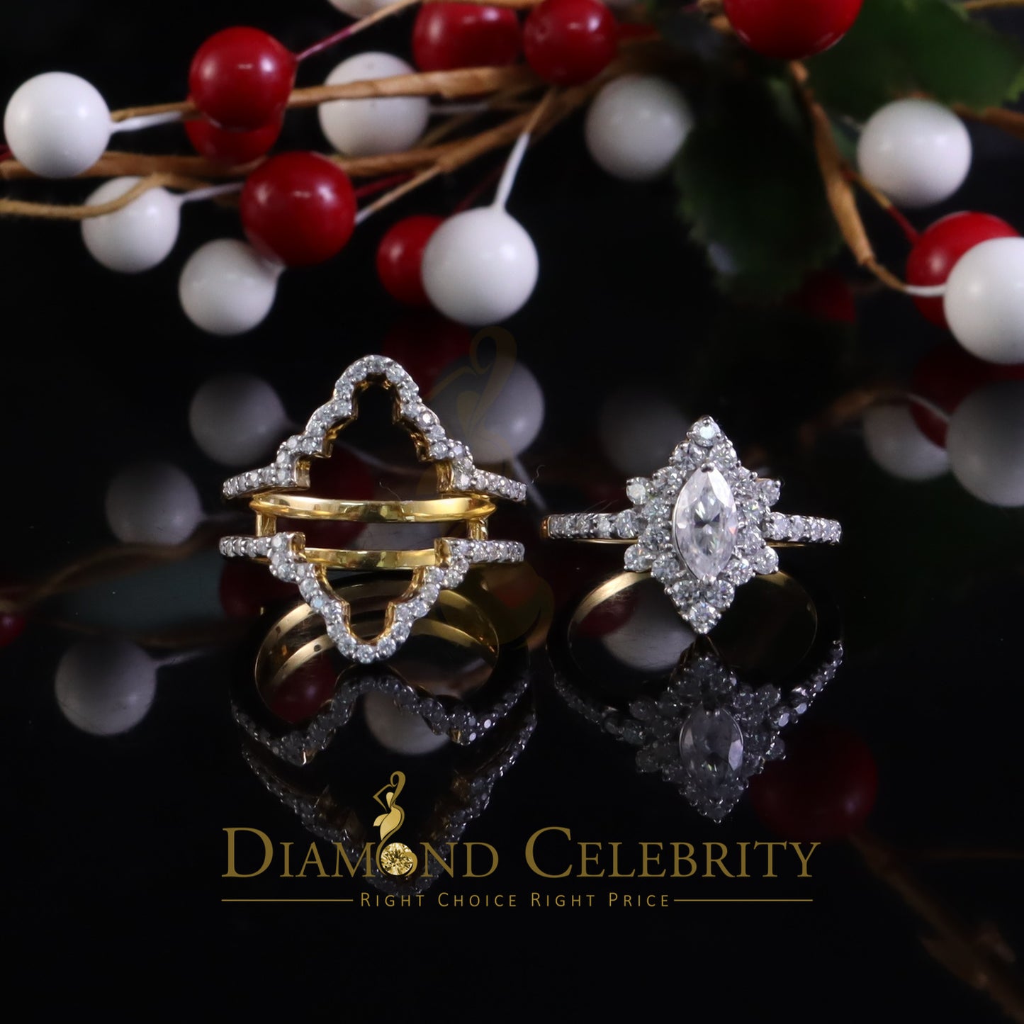 DiamondCelebritees New Solitaire Marquise Moissanite 2.00ct VVS D 925 Yellow Silver Guard Ring SZ 7